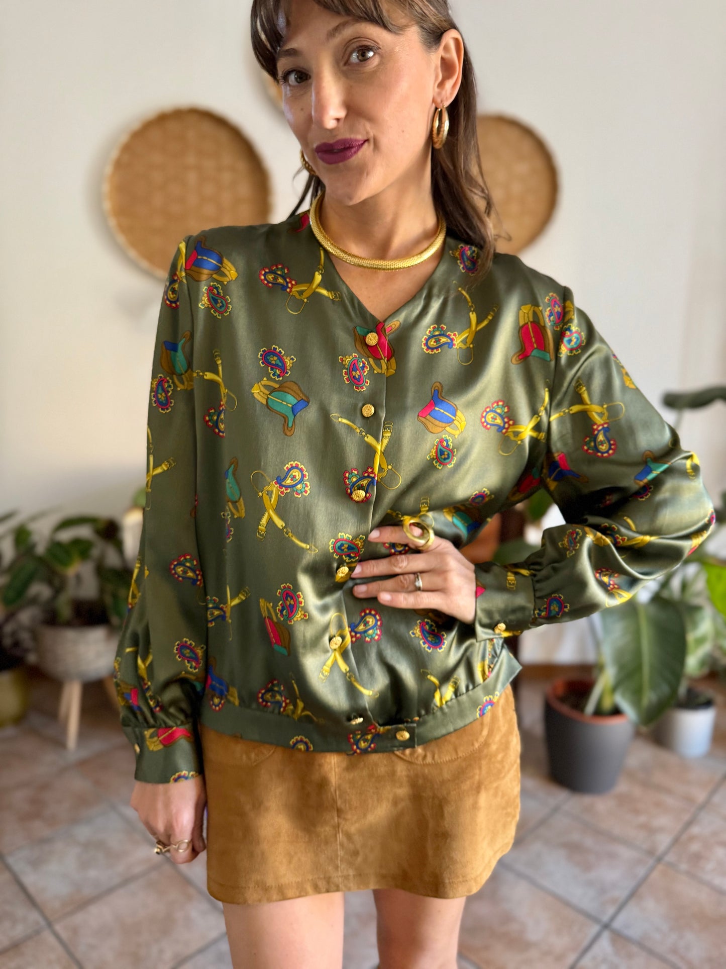 1970’s vintage green silk blouse with multicolor equestrian \print