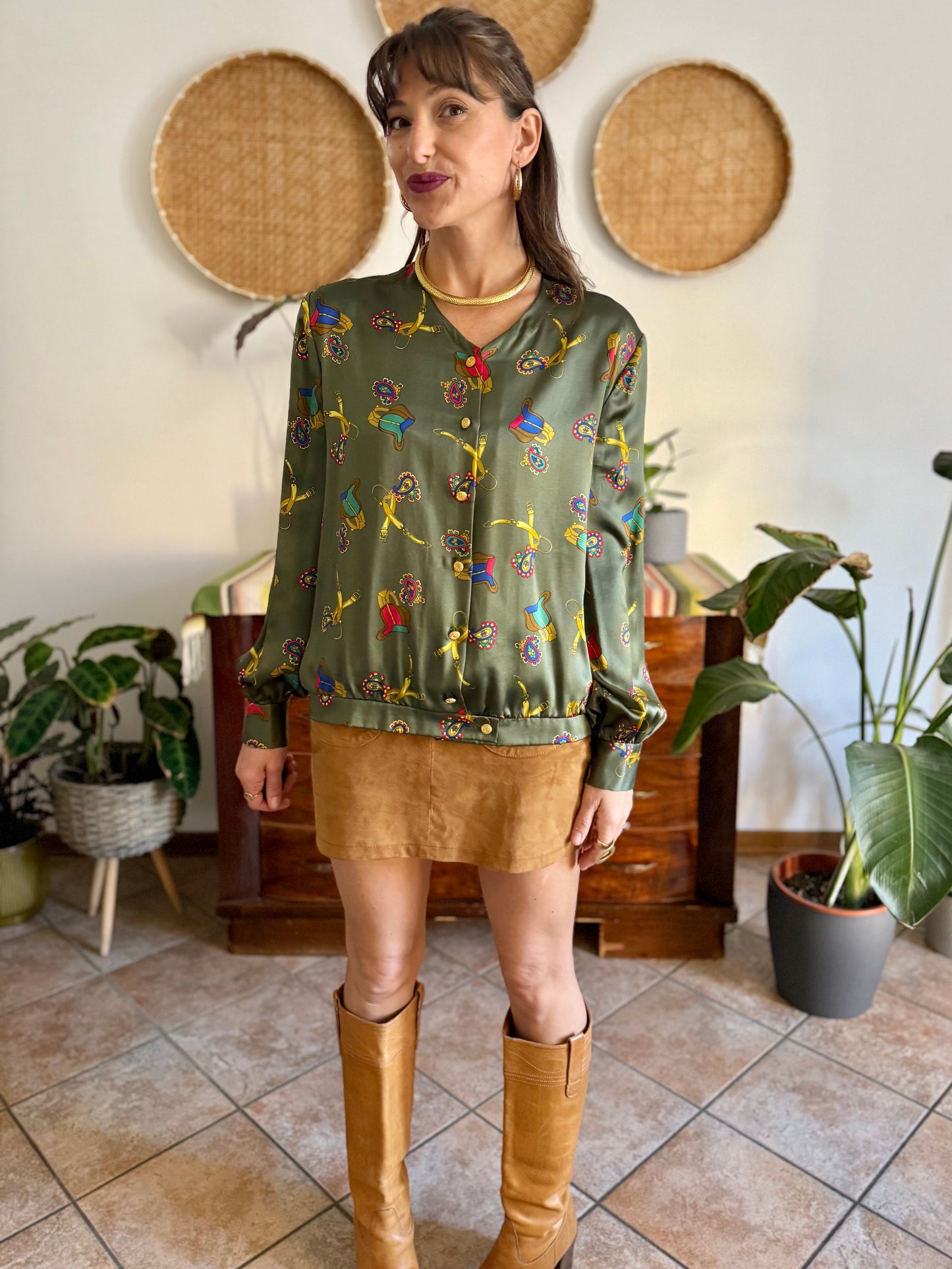 1970’s vintage green silk blouse with multicolor equestrian \print