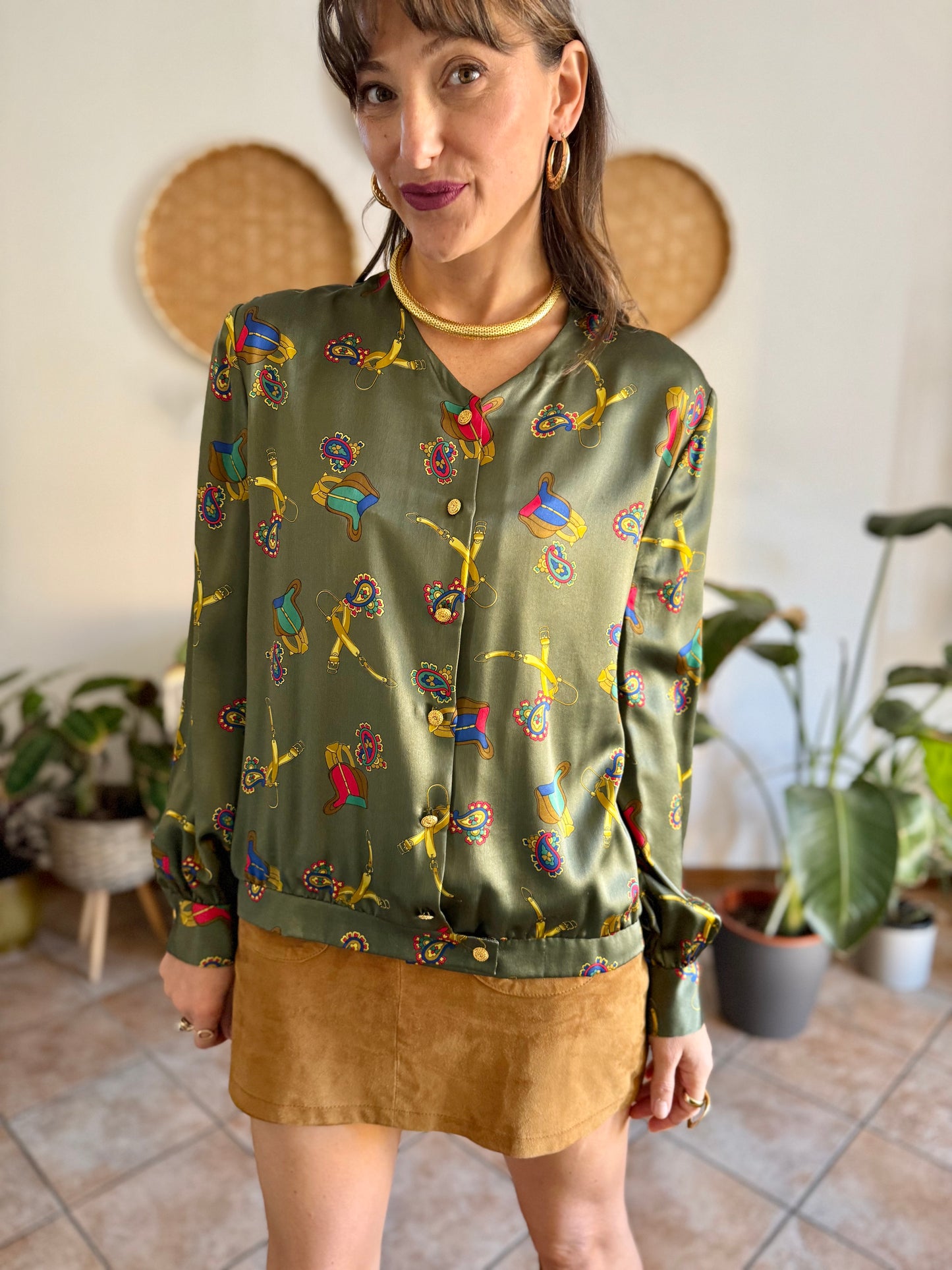 1970’s vintage green silk blouse with multicolor equestrian \print
