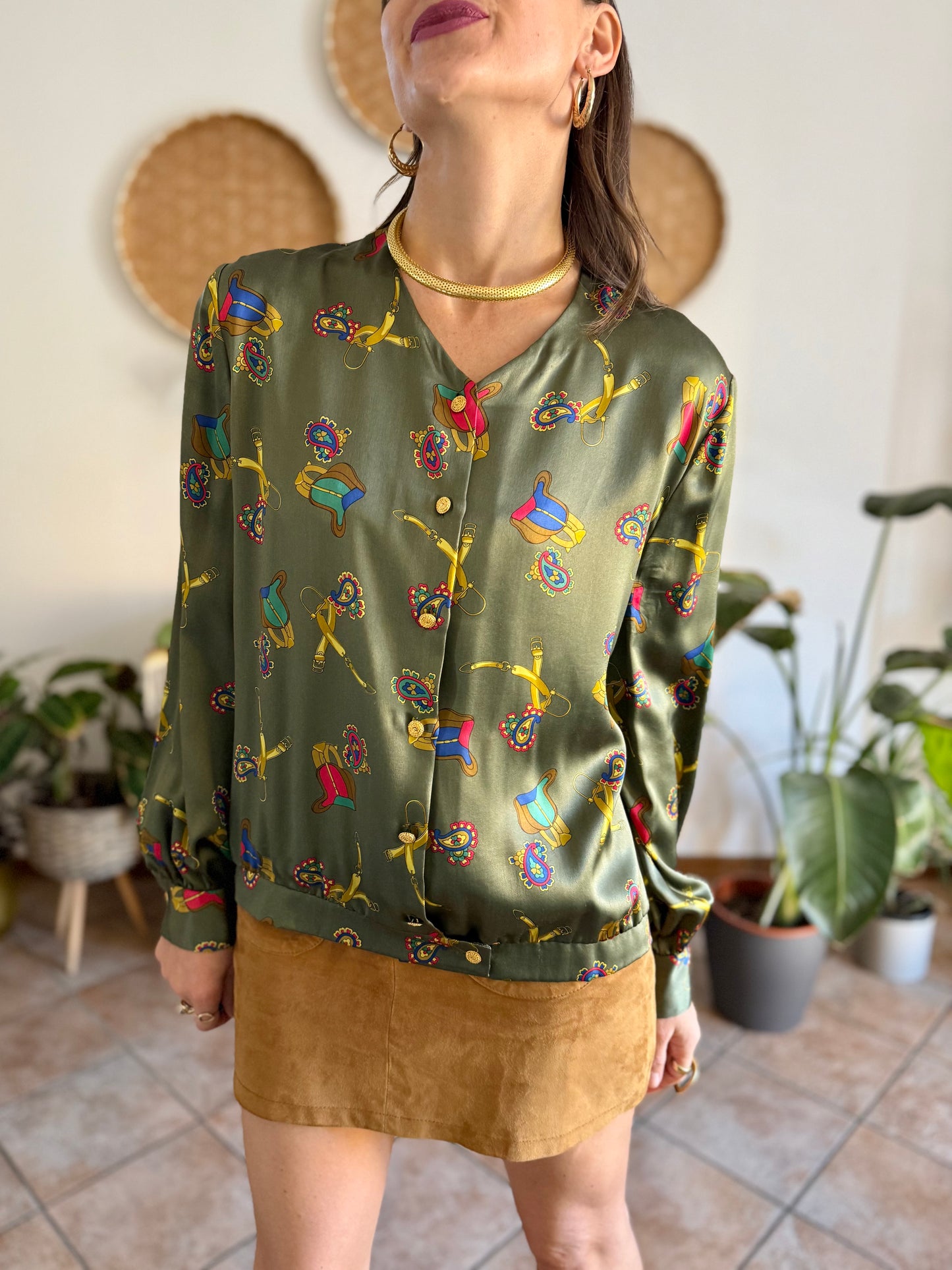 1970’s vintage green silk blouse with multicolor equestrian \print