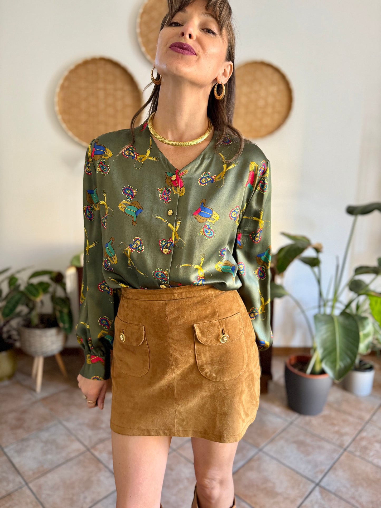 1970’s vintage green silk blouse with multicolor equestrian \print