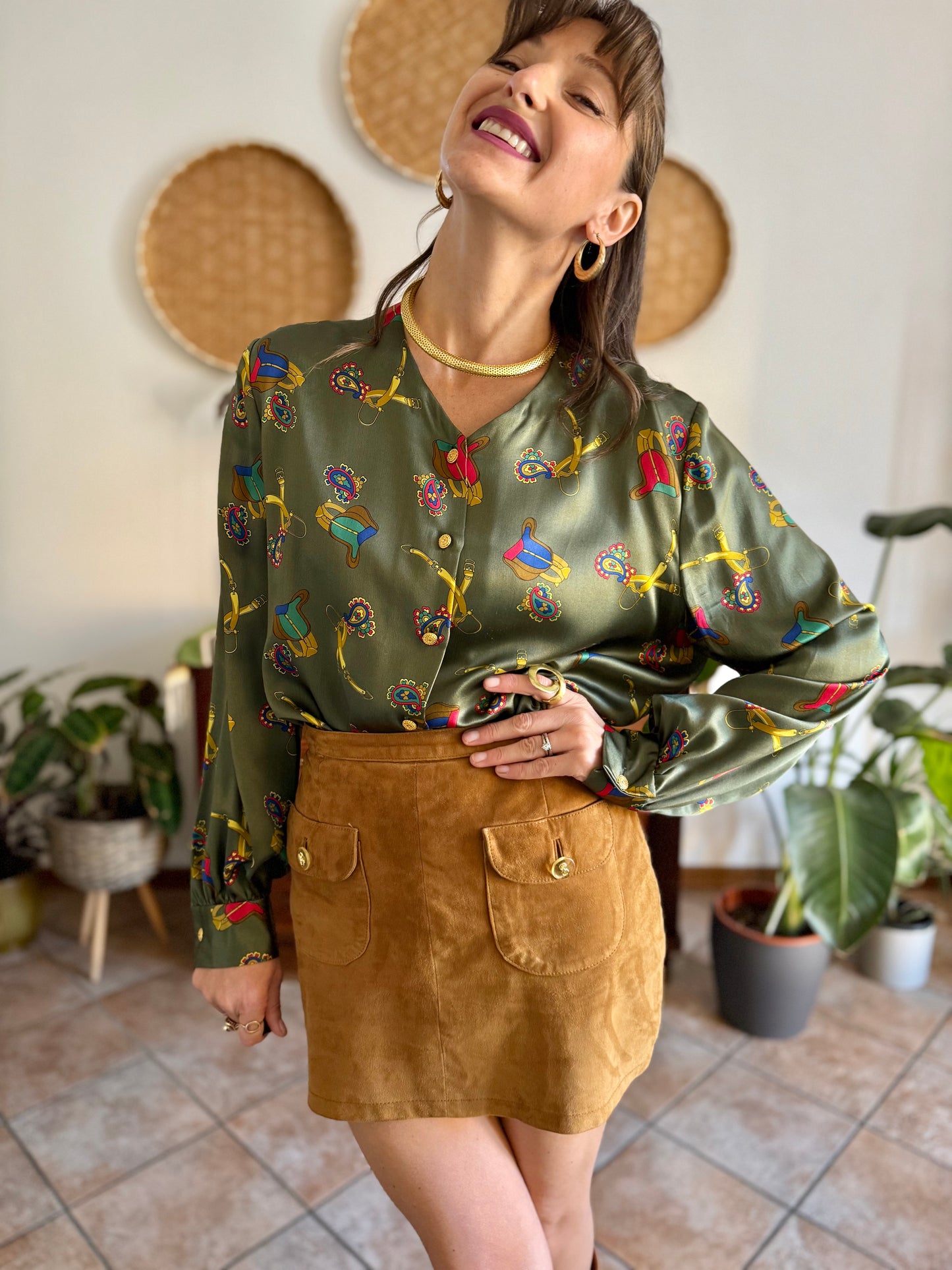 1970’s vintage green silk blouse with multicolor equestrian \print