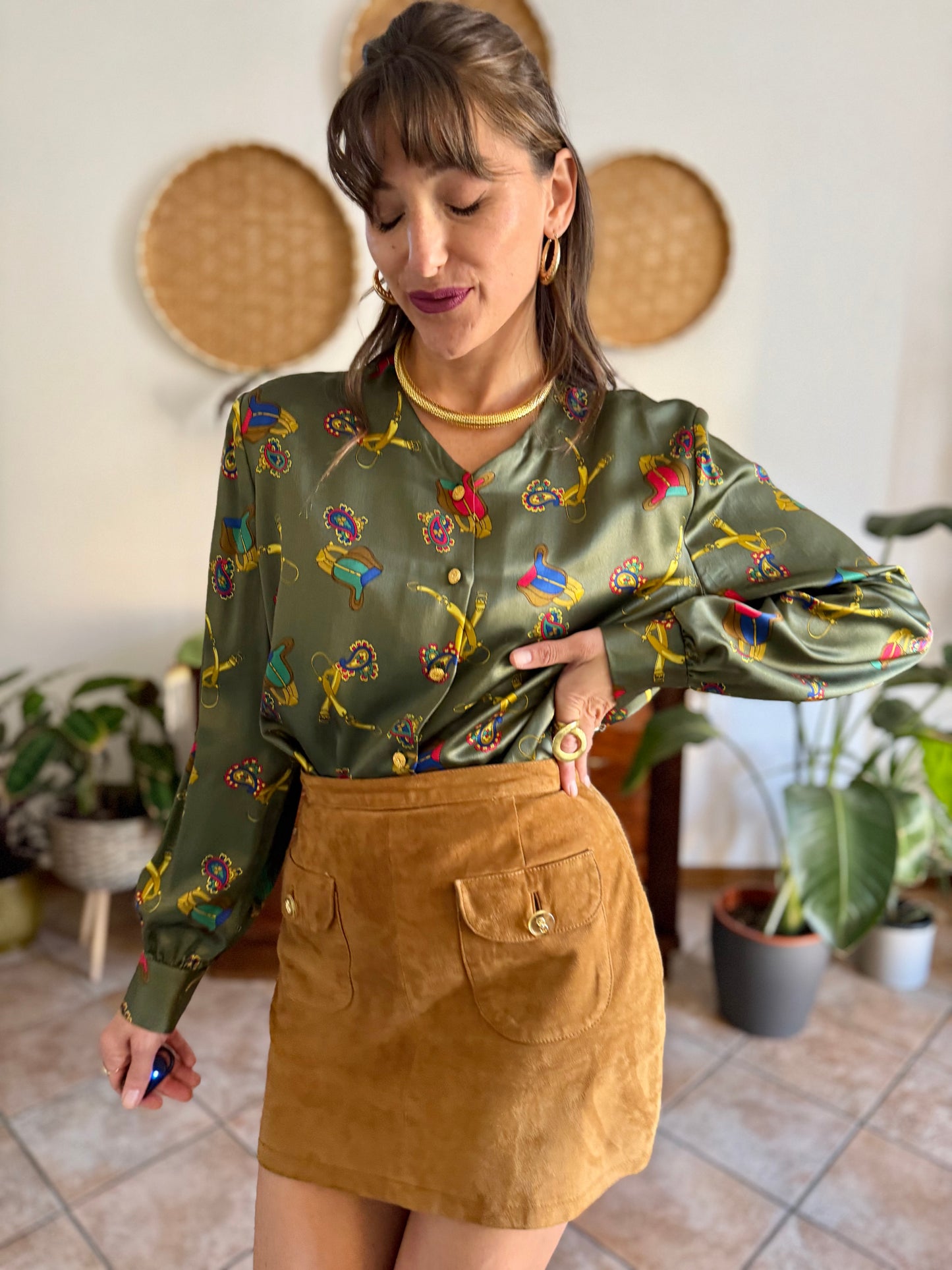1970’s vintage green silk blouse with multicolor equestrian \print