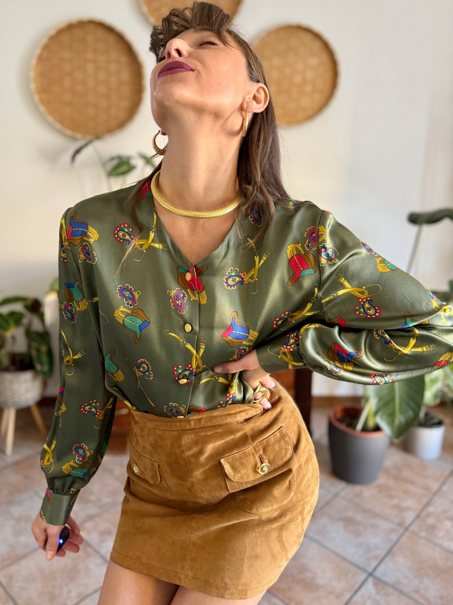 1970’s vintage green silk blouse with multicolor equestrian \print