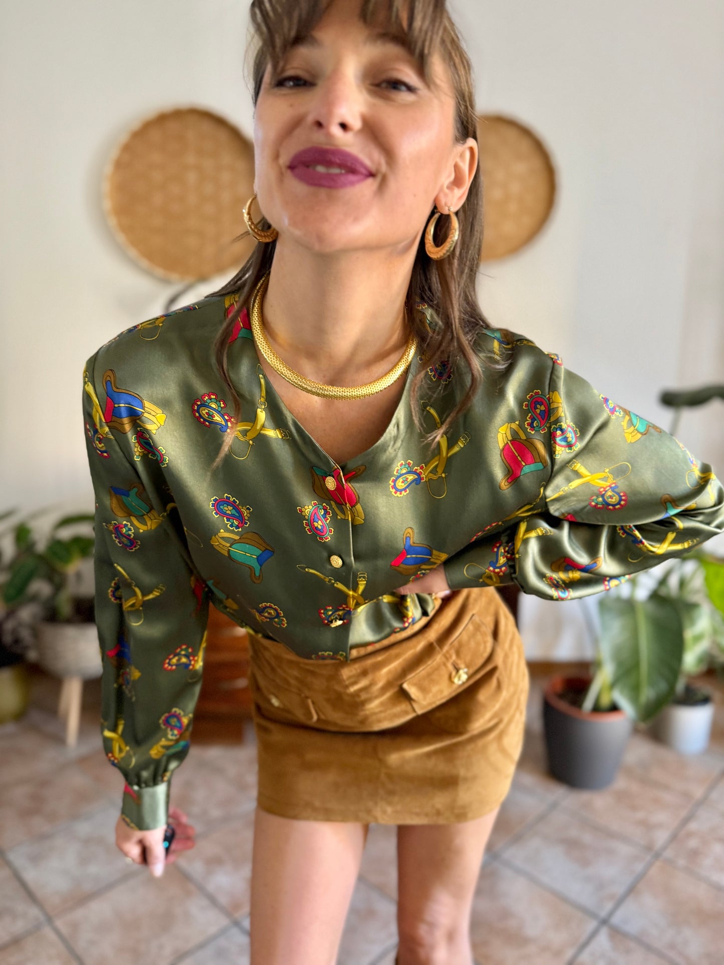 1970’s vintage green silk blouse with multicolor equestrian \print