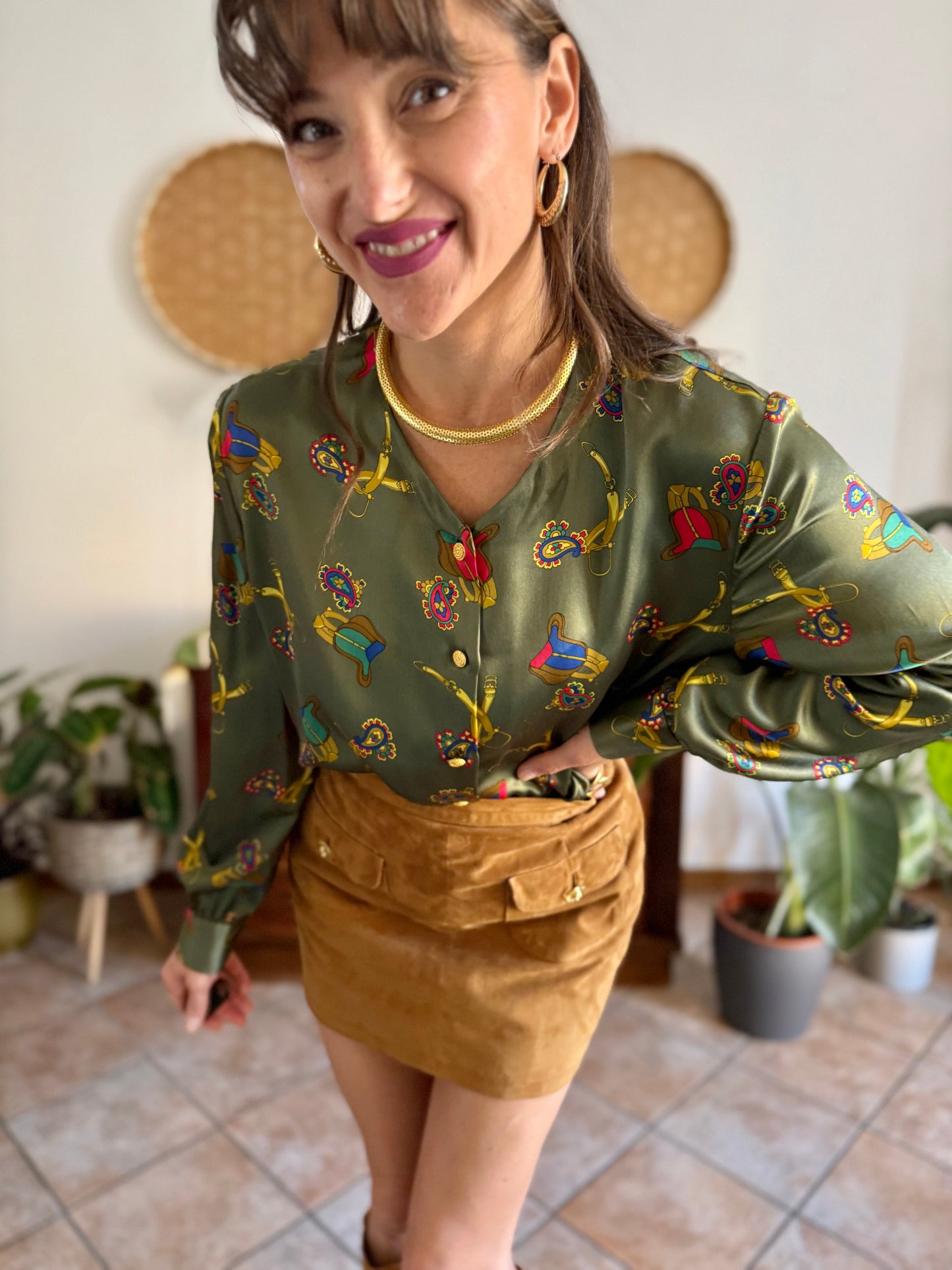 1970’s vintage green silk blouse with multicolor equestrian \print