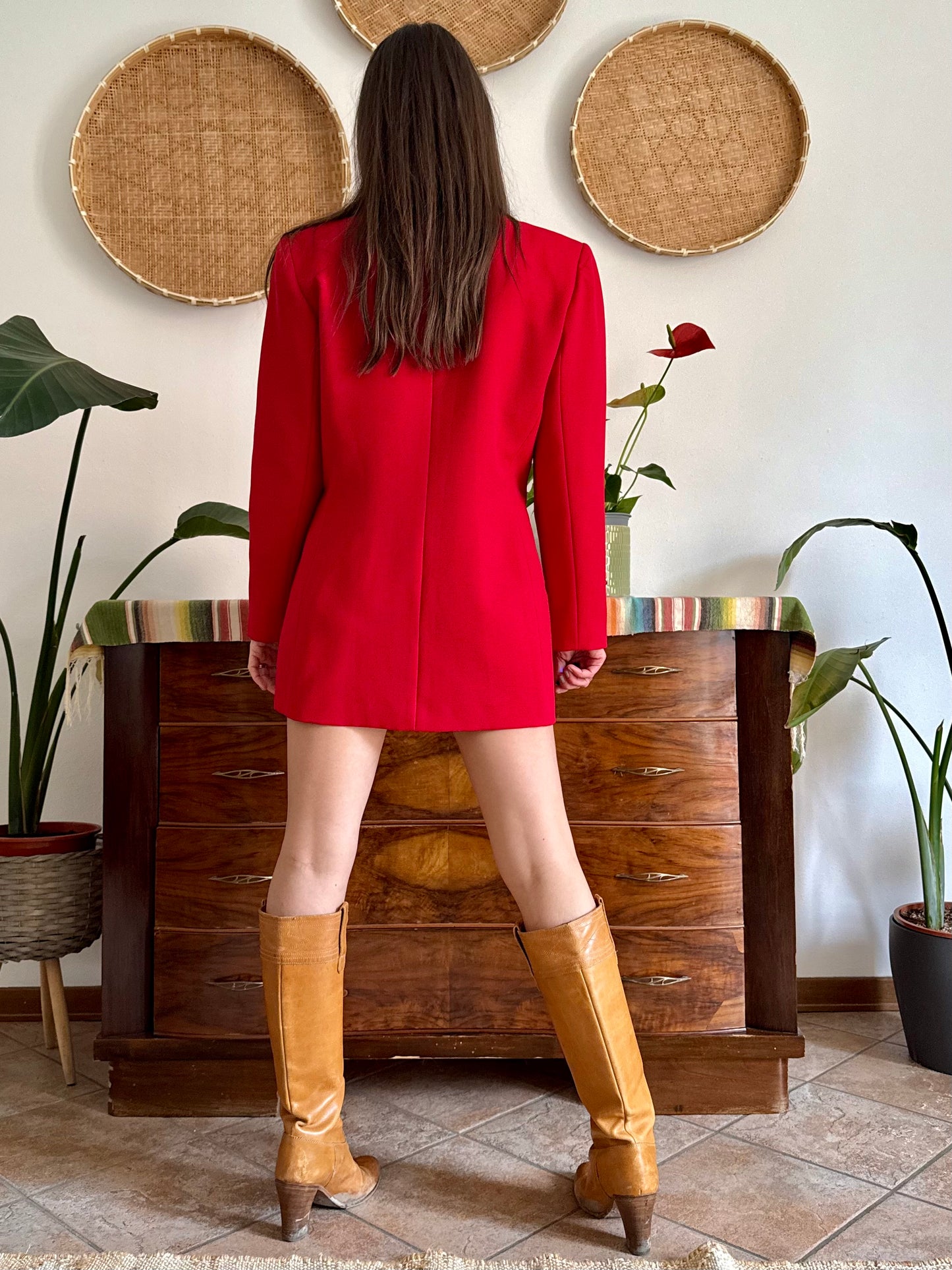 1980's vintage cherry red blazer dress with geometric construction detailing