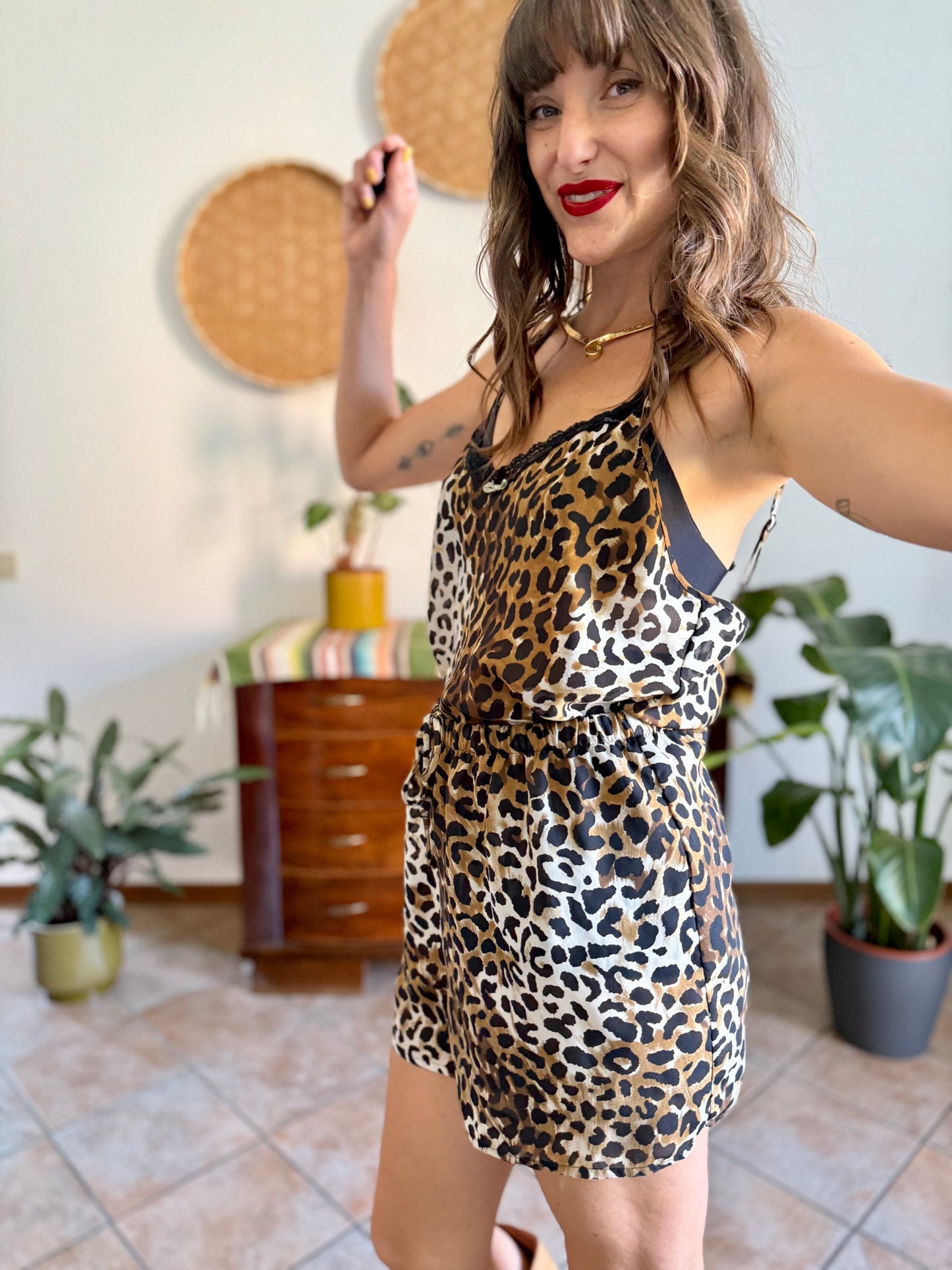 1990’s vintage semi sheer leopard print camisole and shorts set