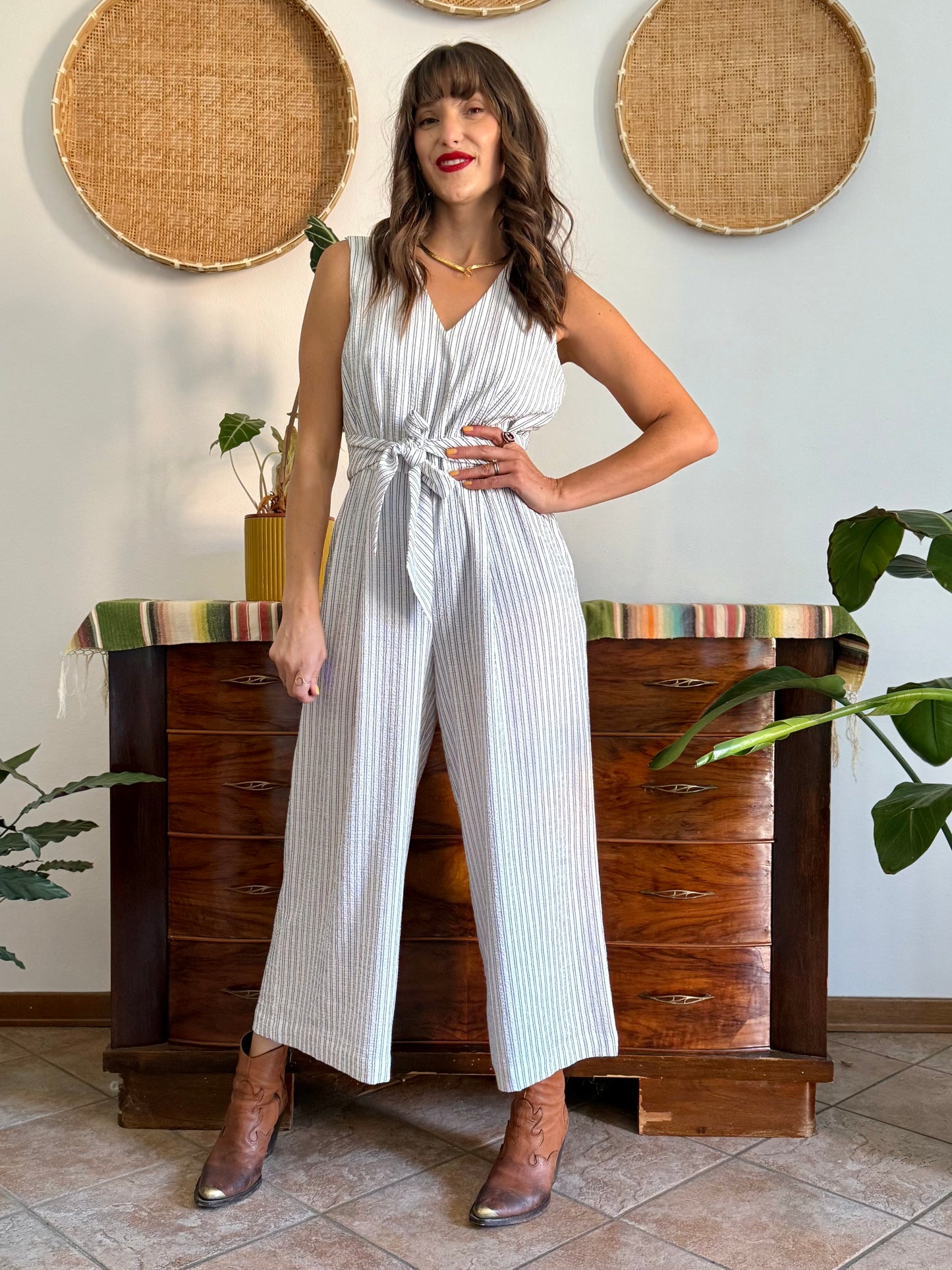 Texture white with grey pinstripe jump suit with tie waist