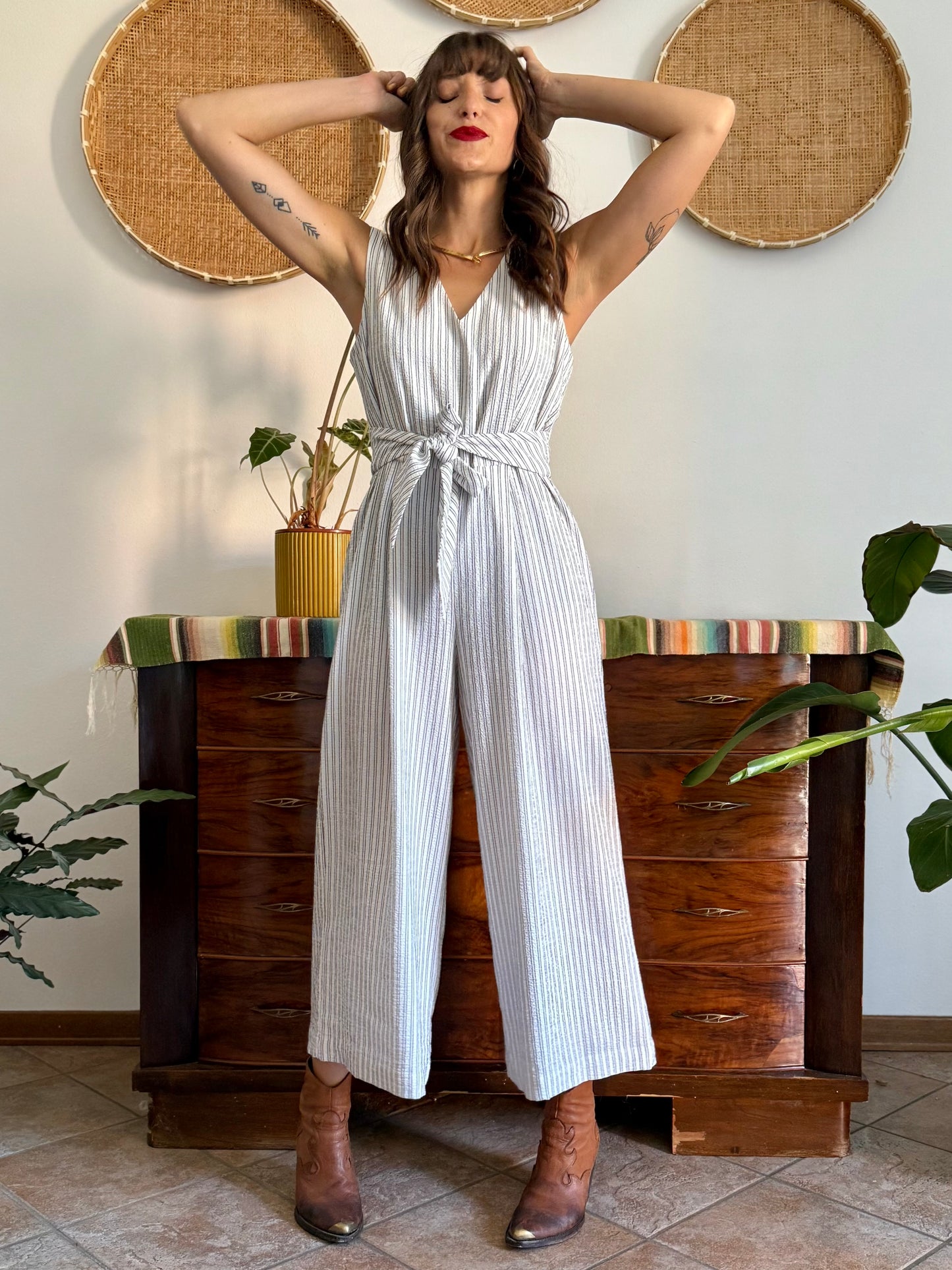 Texture white with grey pinstripe jump suit with tie waist