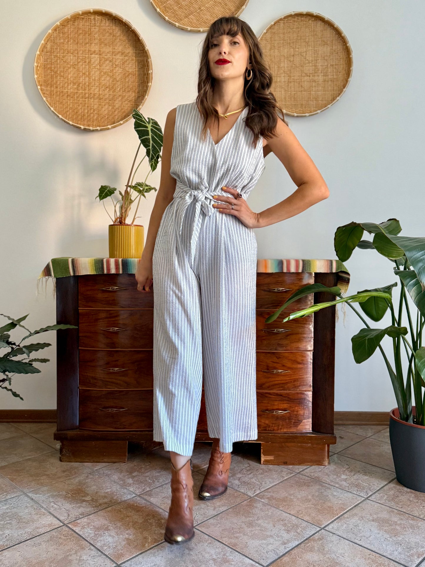 Texture white with grey pinstripe jump suit with tie waist