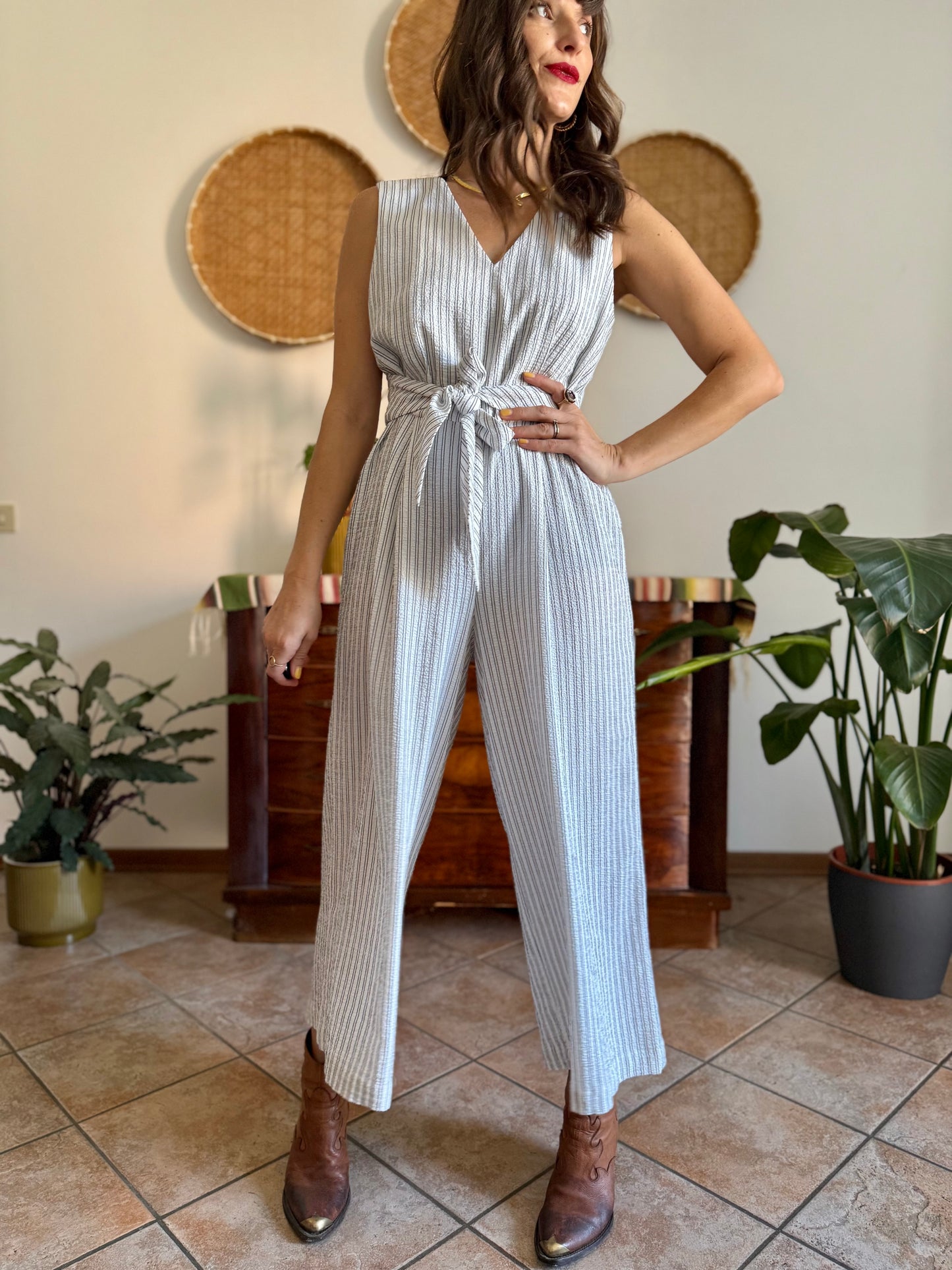 Texture white with grey pinstripe jump suit with tie waist