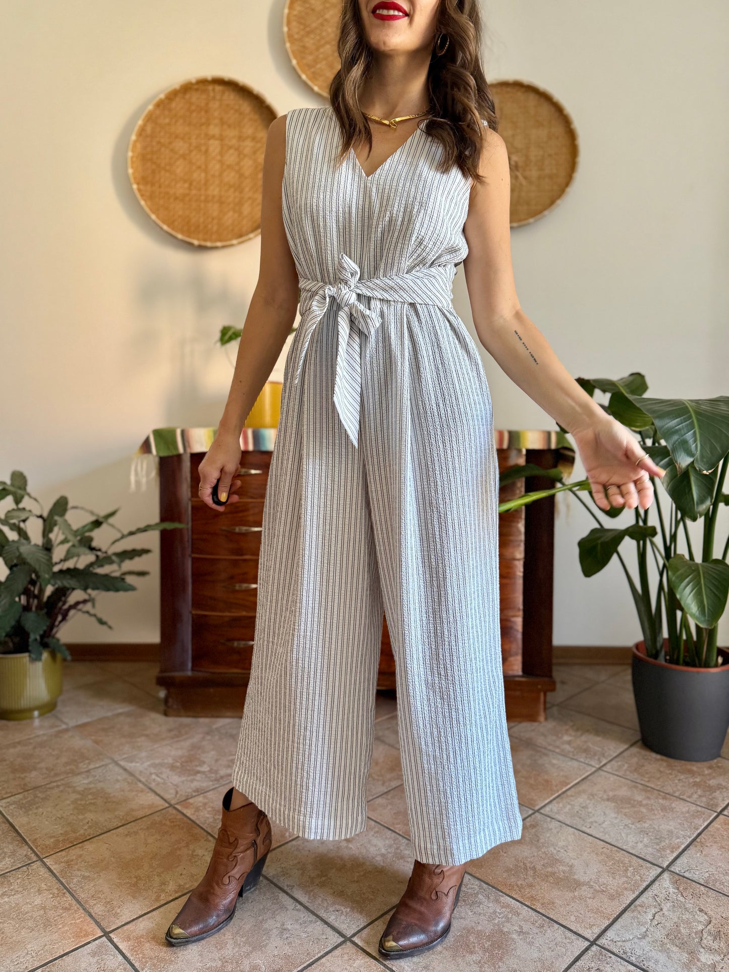 Texture white with grey pinstripe jump suit with tie waist