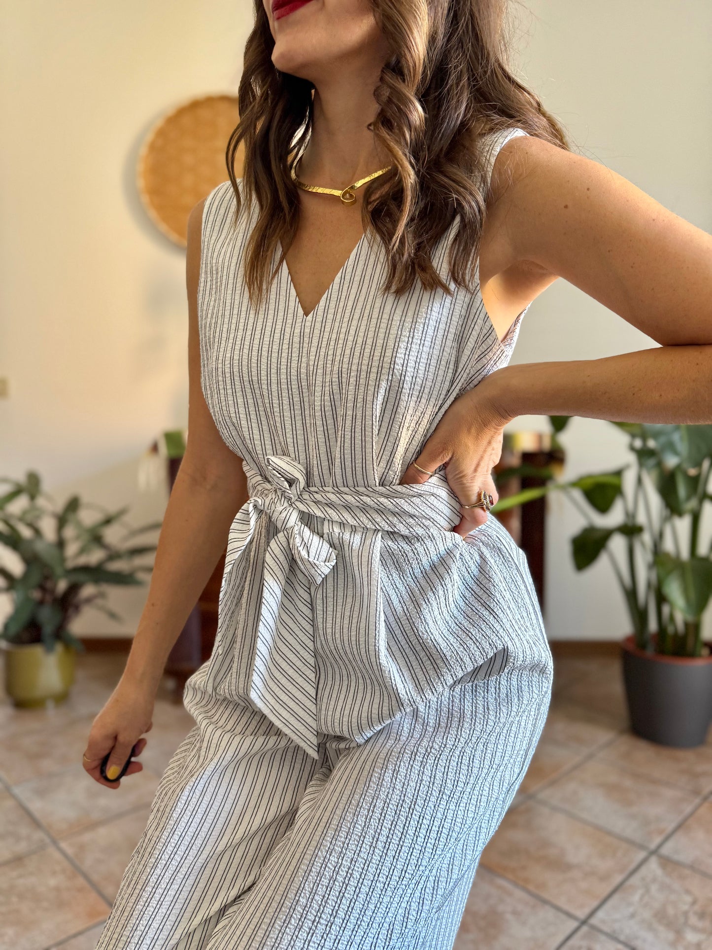 Texture white with grey pinstripe jump suit with tie waist