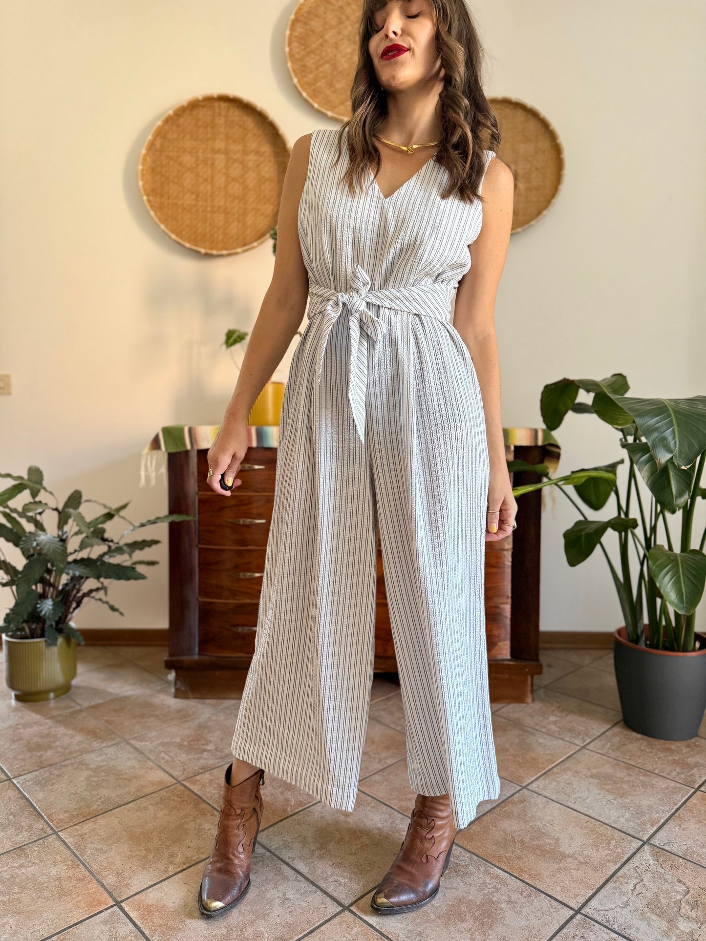 Texture white with grey pinstripe jump suit with tie waist