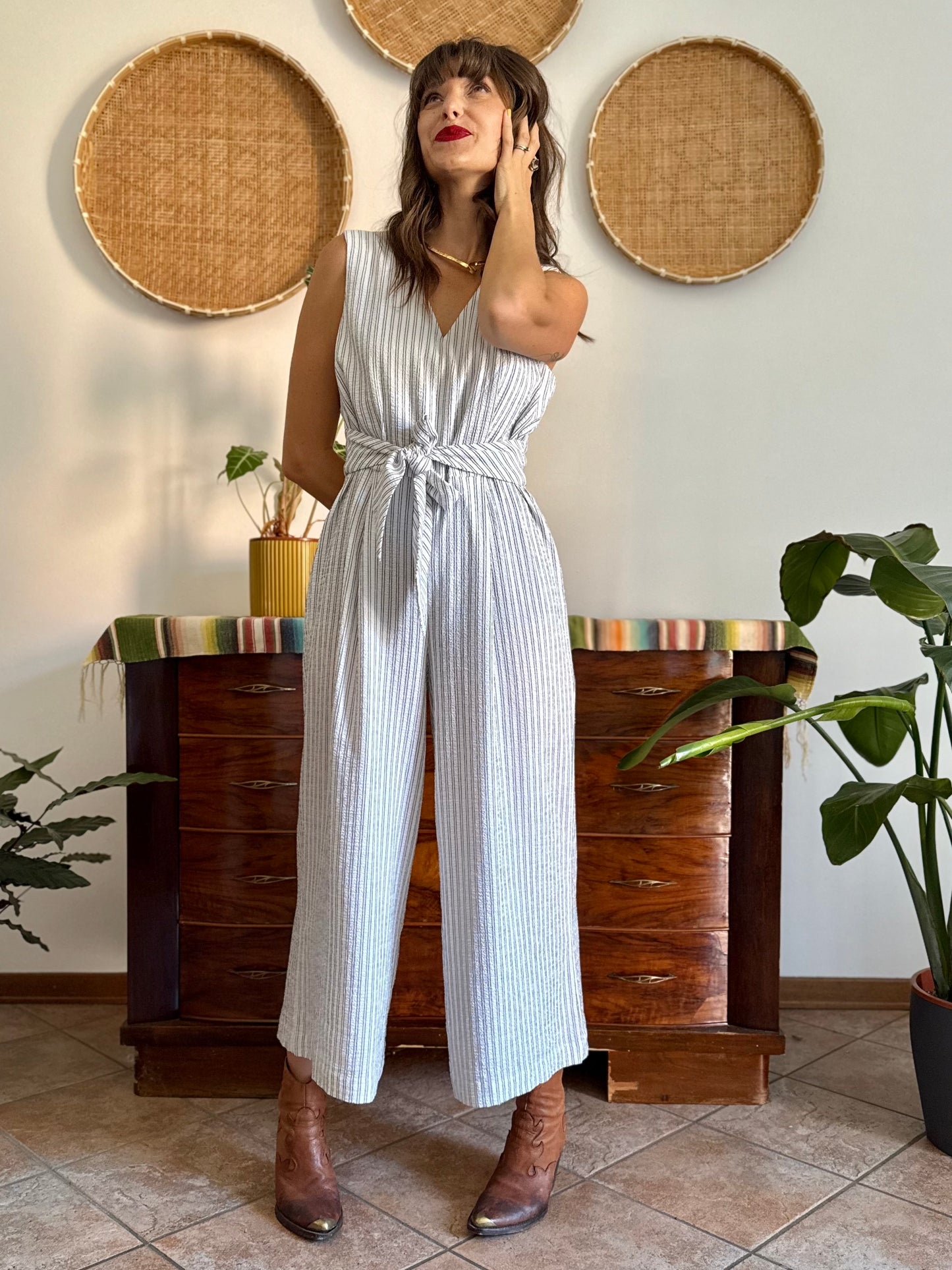 Texture white with grey pinstripe jump suit with tie waist