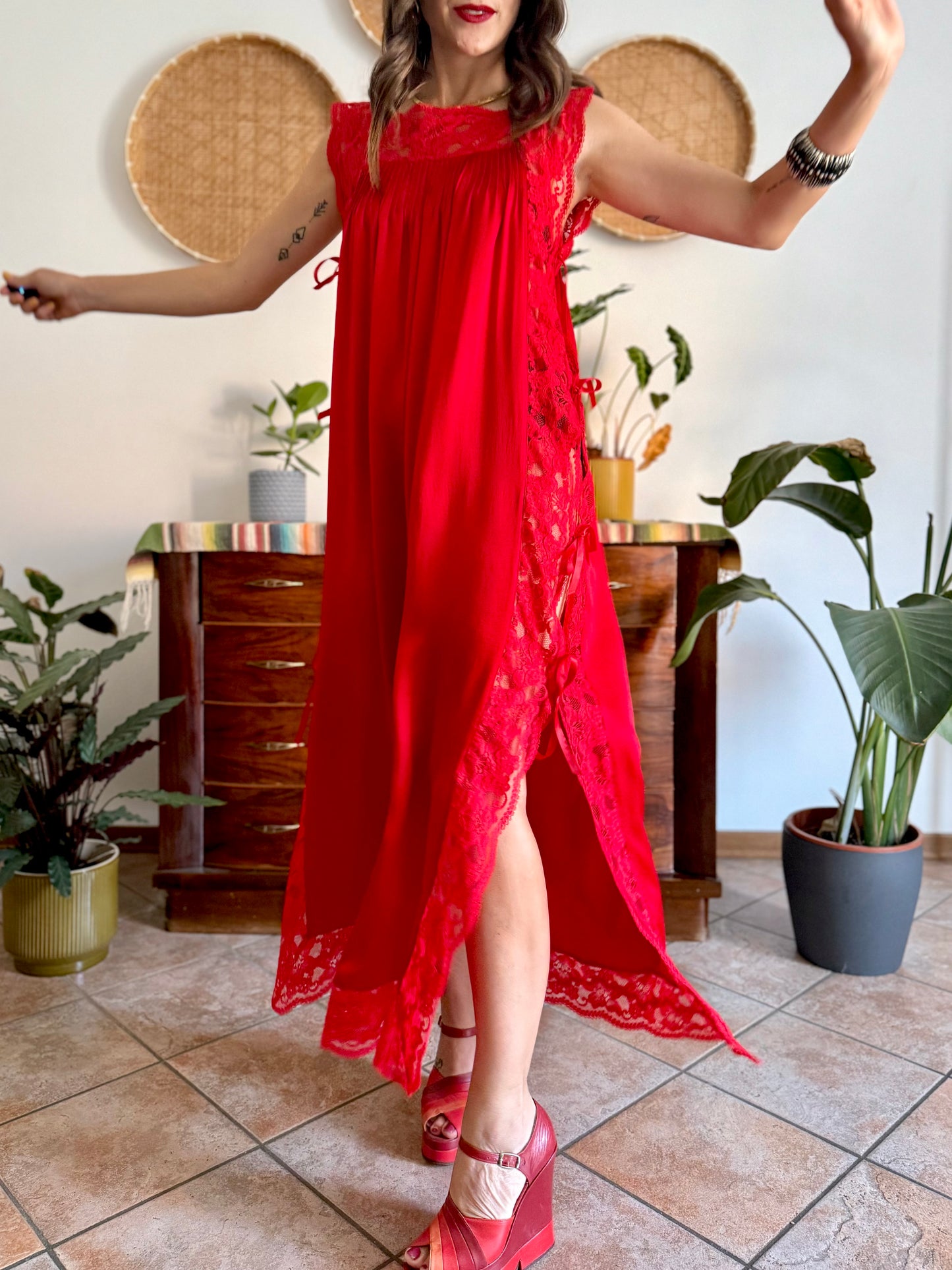 1970's vintage cherry red silk and lace maxi slip dress with tie details