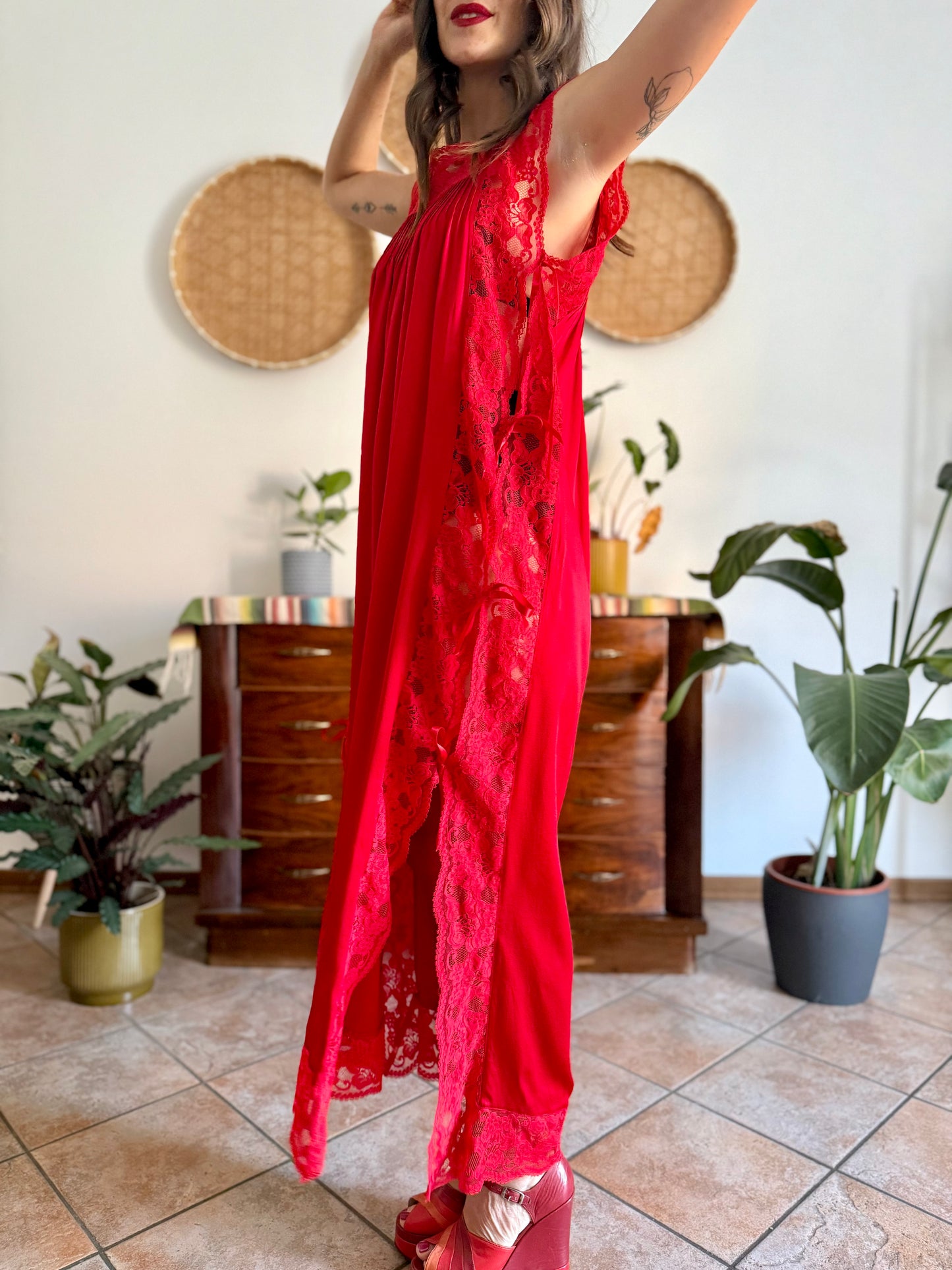 1970's vintage cherry red silk and lace maxi slip dress with tie details
