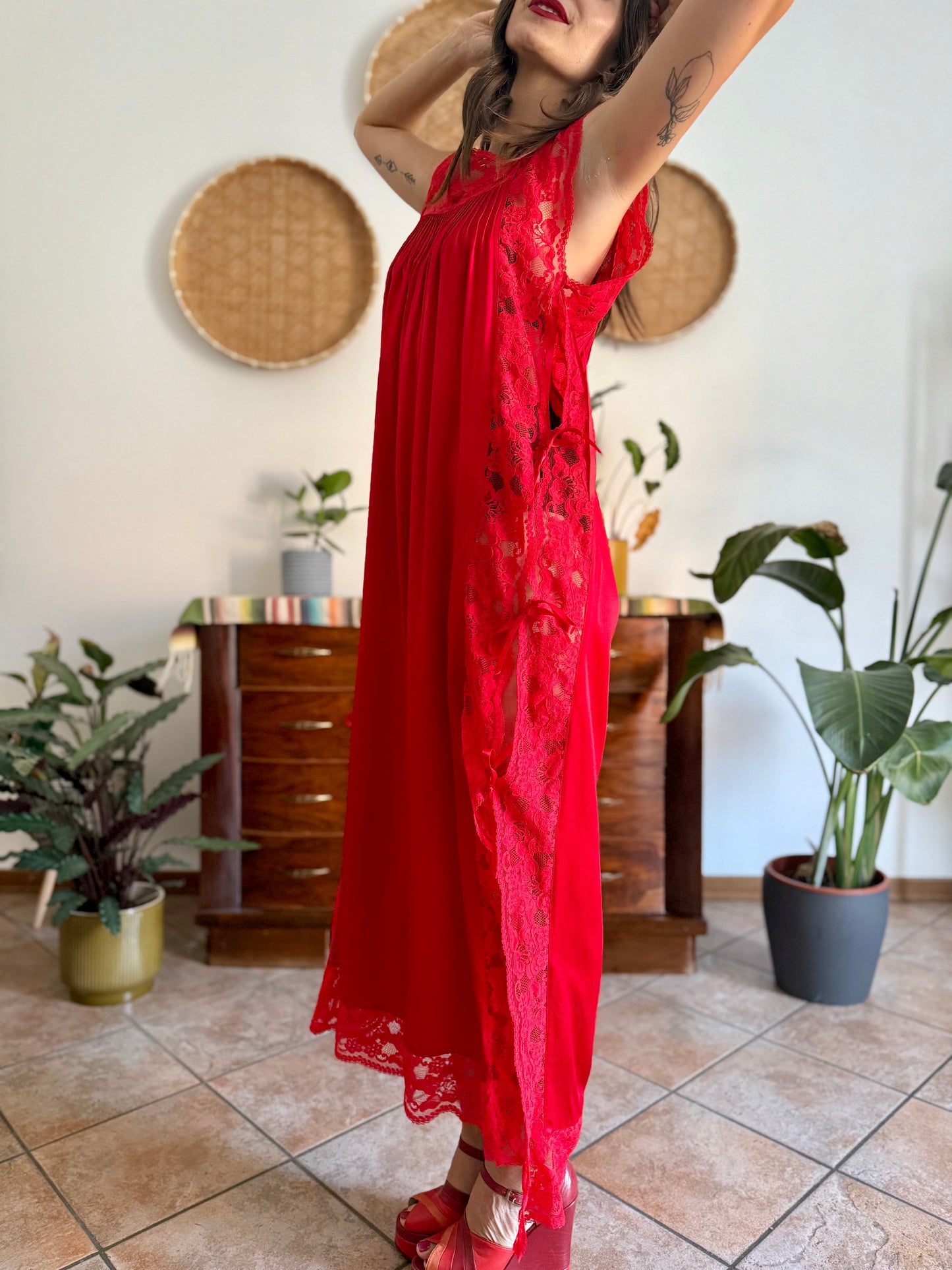 1970's vintage cherry red silk and lace maxi slip dress with tie details