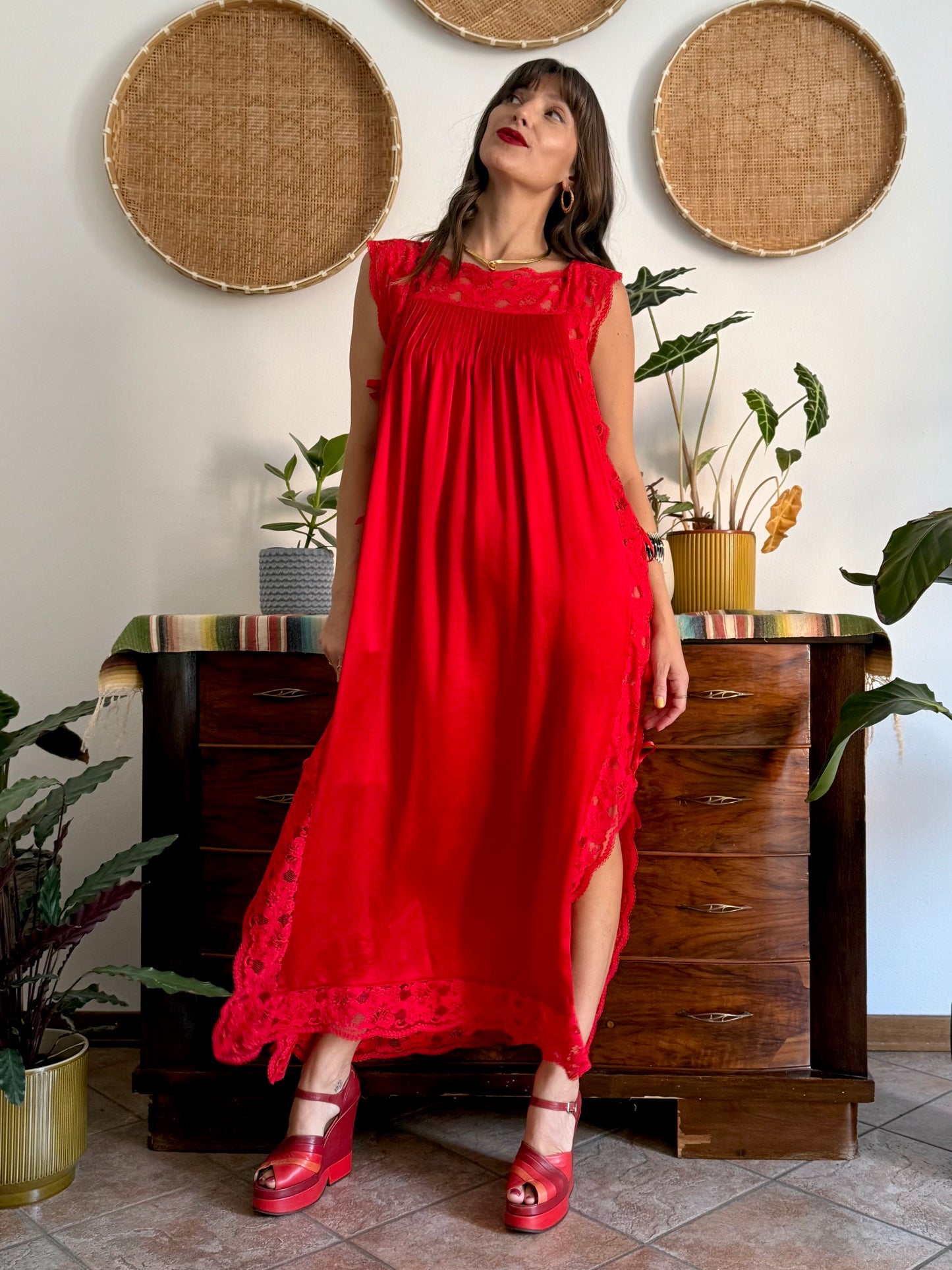 1970's vintage cherry red silk and lace maxi slip dress with tie details