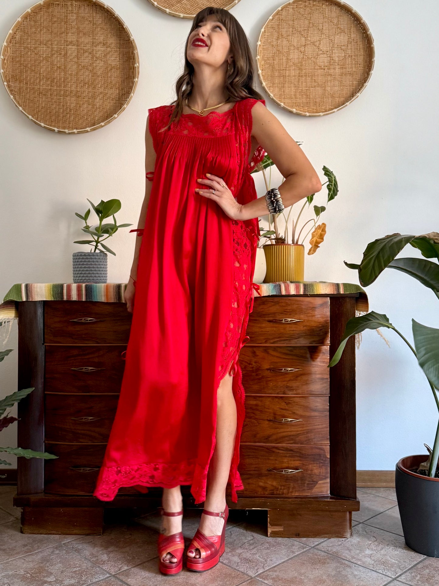 1970's vintage cherry red silk and lace maxi slip dress with tie details