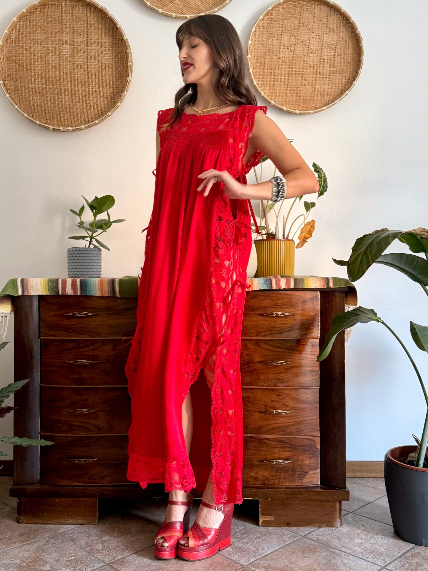 1970's vintage cherry red silk and lace maxi slip dress with tie details