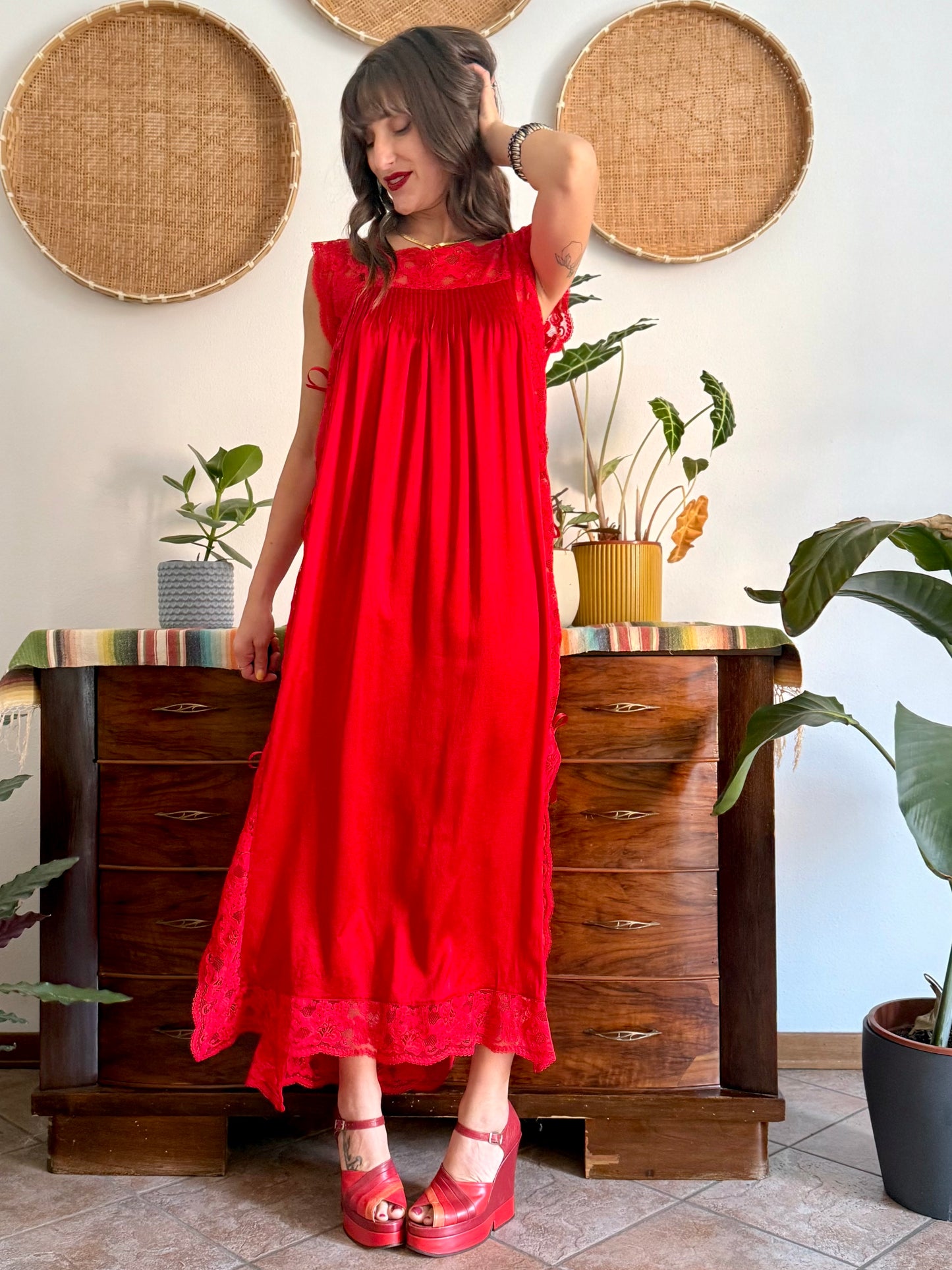 1970's vintage cherry red silk and lace maxi slip dress with tie details