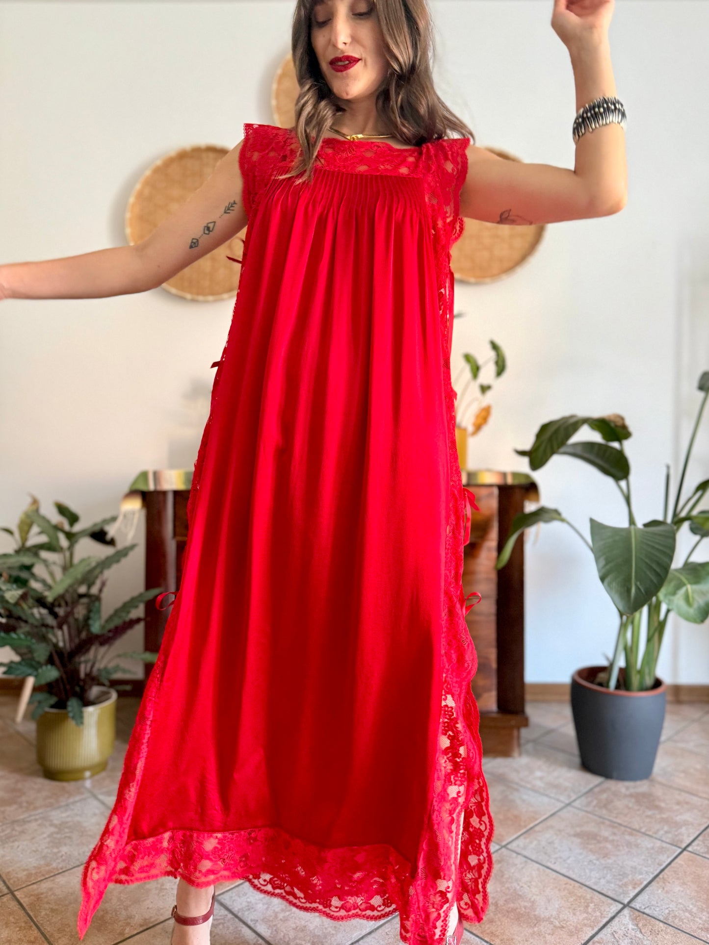 1970's vintage cherry red silk and lace maxi slip dress with tie details