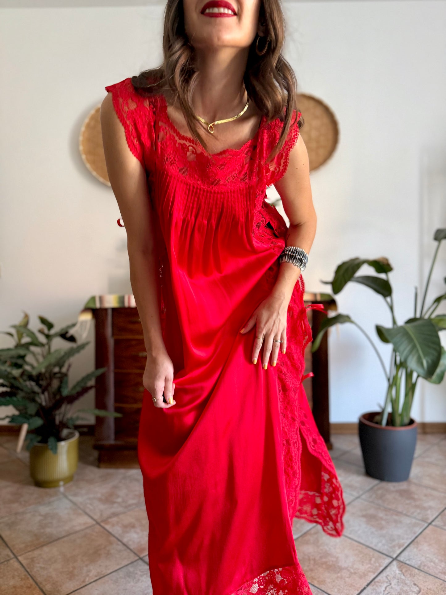 1970's vintage cherry red silk and lace maxi slip dress with tie details