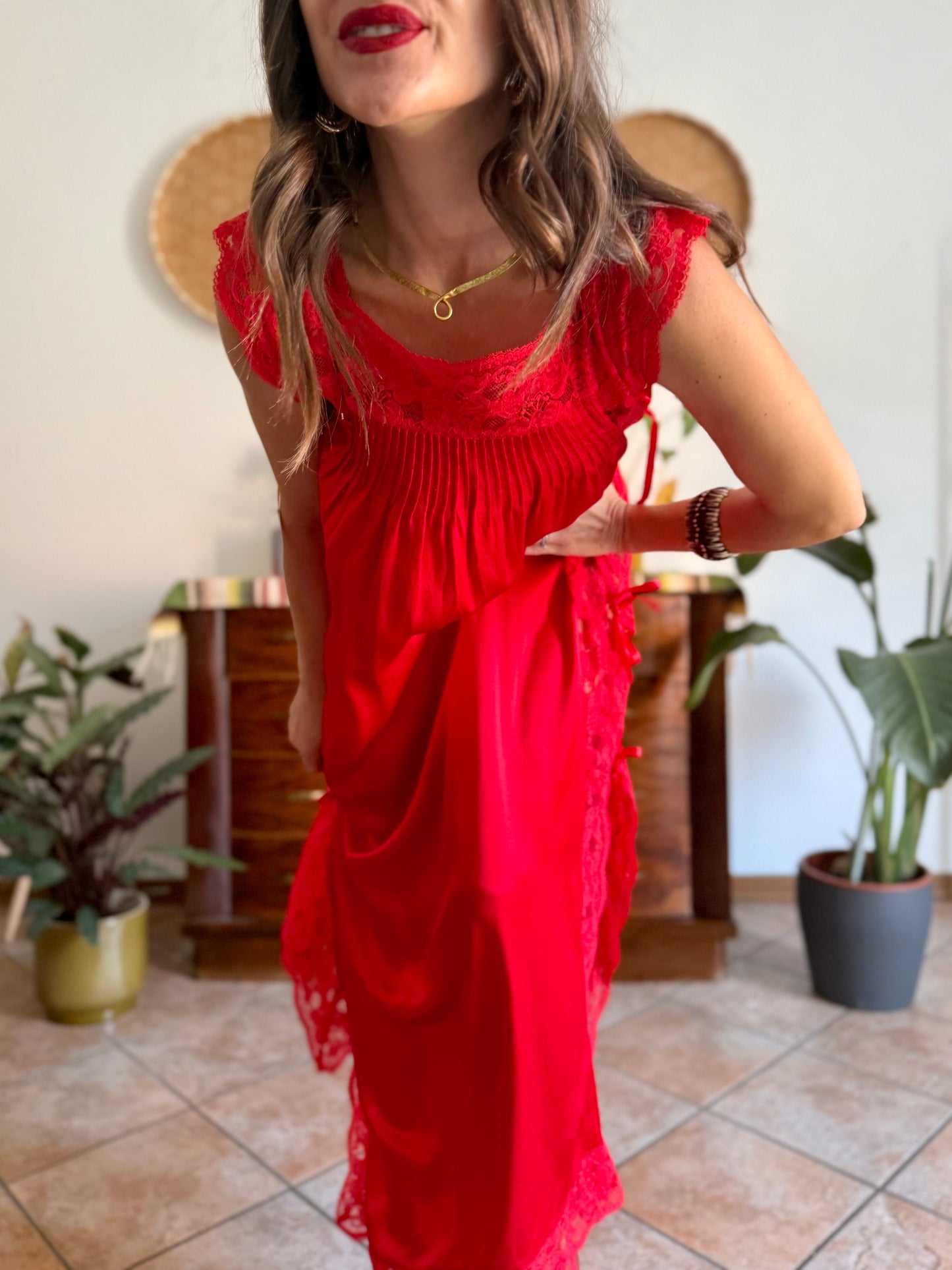 1970's vintage cherry red silk and lace maxi slip dress with tie details