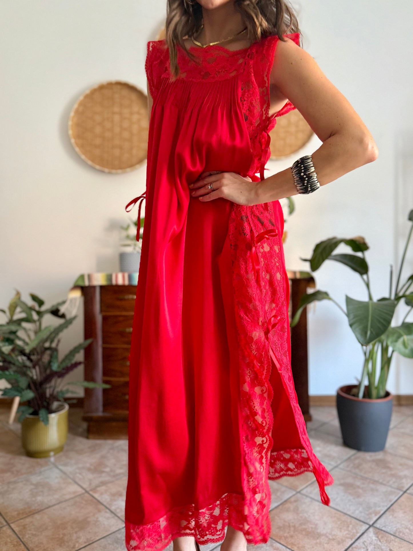 1970's vintage cherry red silk and lace maxi slip dress with tie details