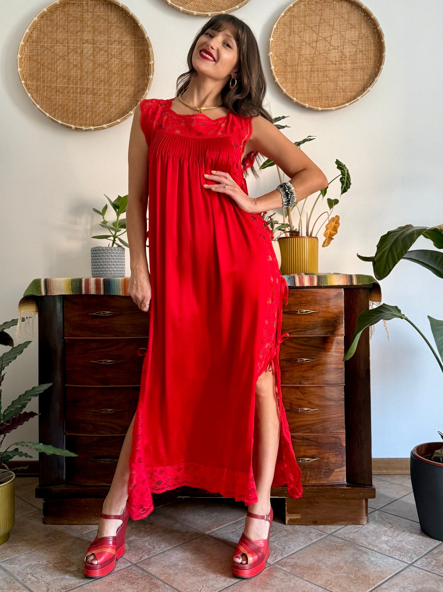 1970's vintage cherry red silk and lace maxi slip dress with tie details
