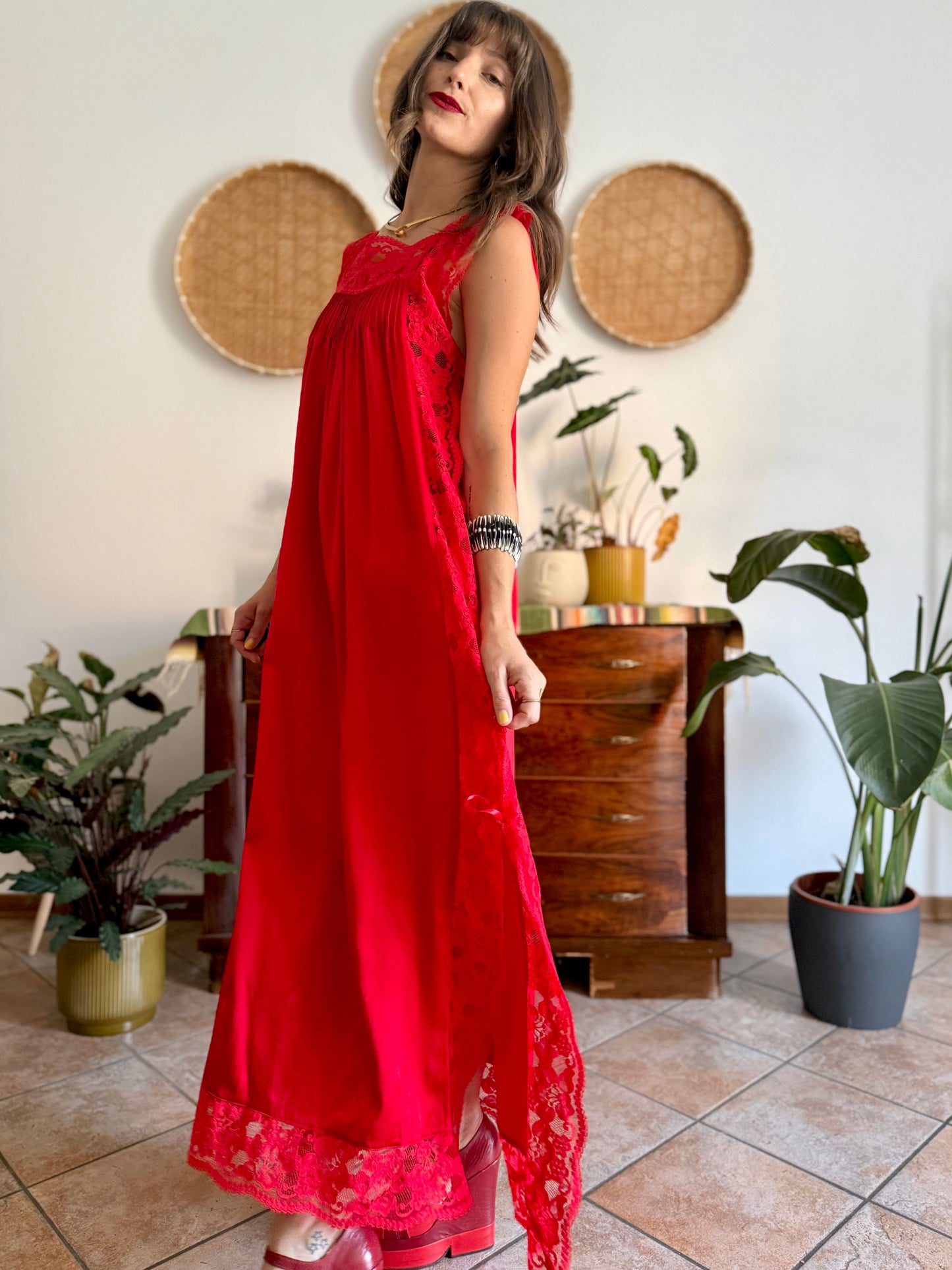1970's vintage cherry red silk and lace maxi slip dress with tie details