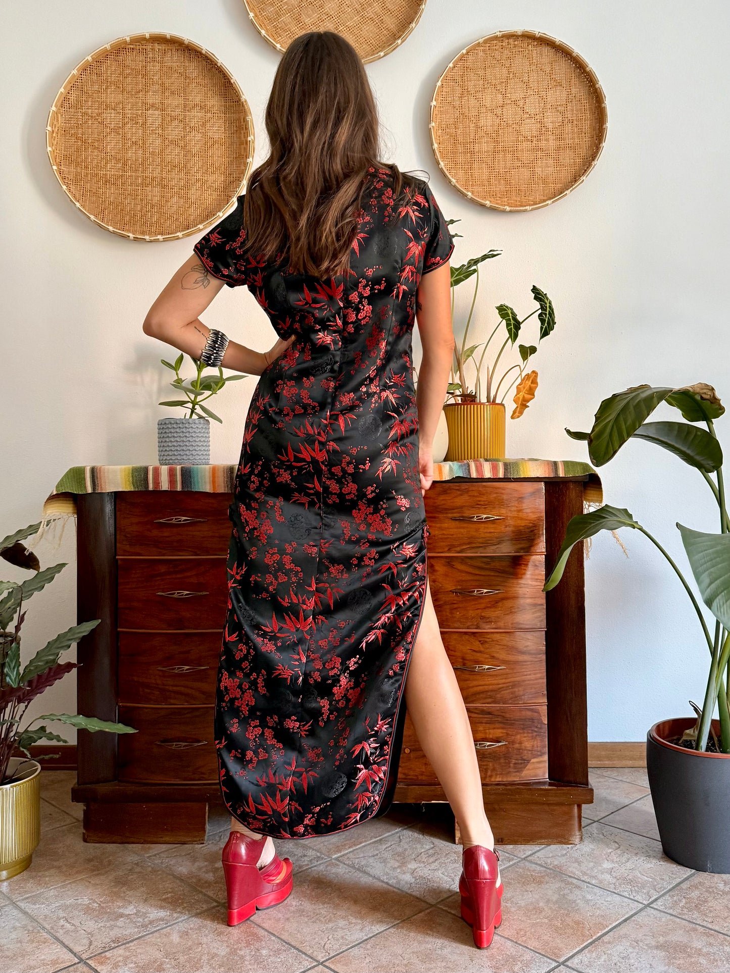1990's vintage black satin cheongsam maxi dress with red cherry blossom weave
