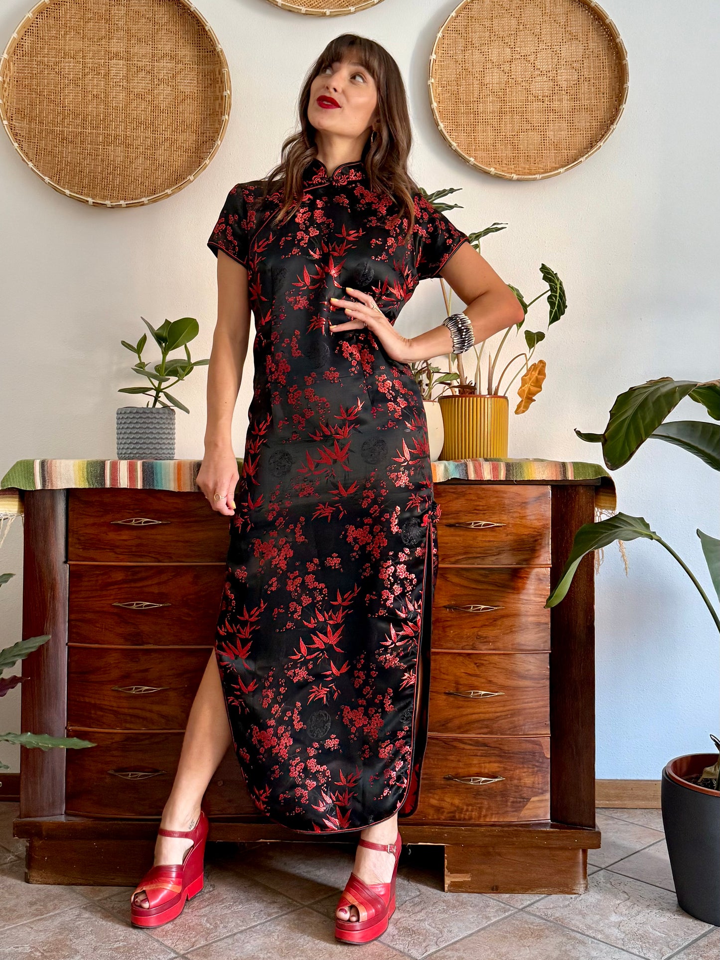 1990's vintage black satin cheongsam maxi dress with red cherry blossom weave