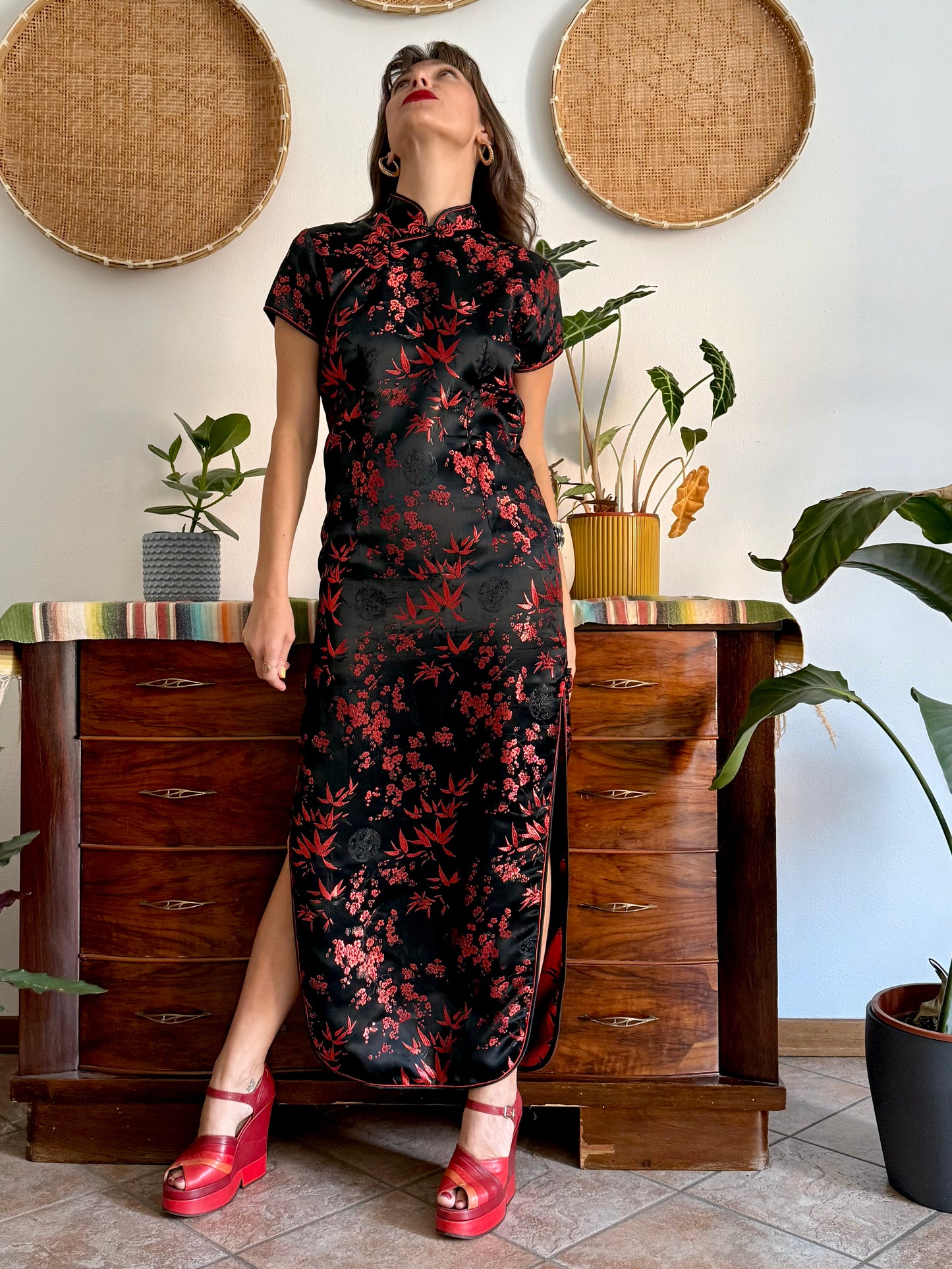1990's vintage black satin cheongsam maxi dress with red cherry blossom weave