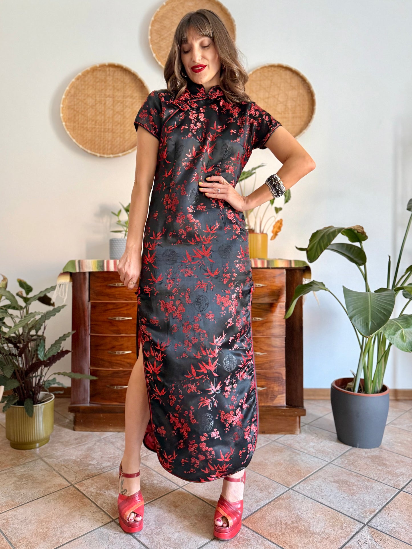 1990's vintage black satin cheongsam maxi dress with red cherry blossom weave