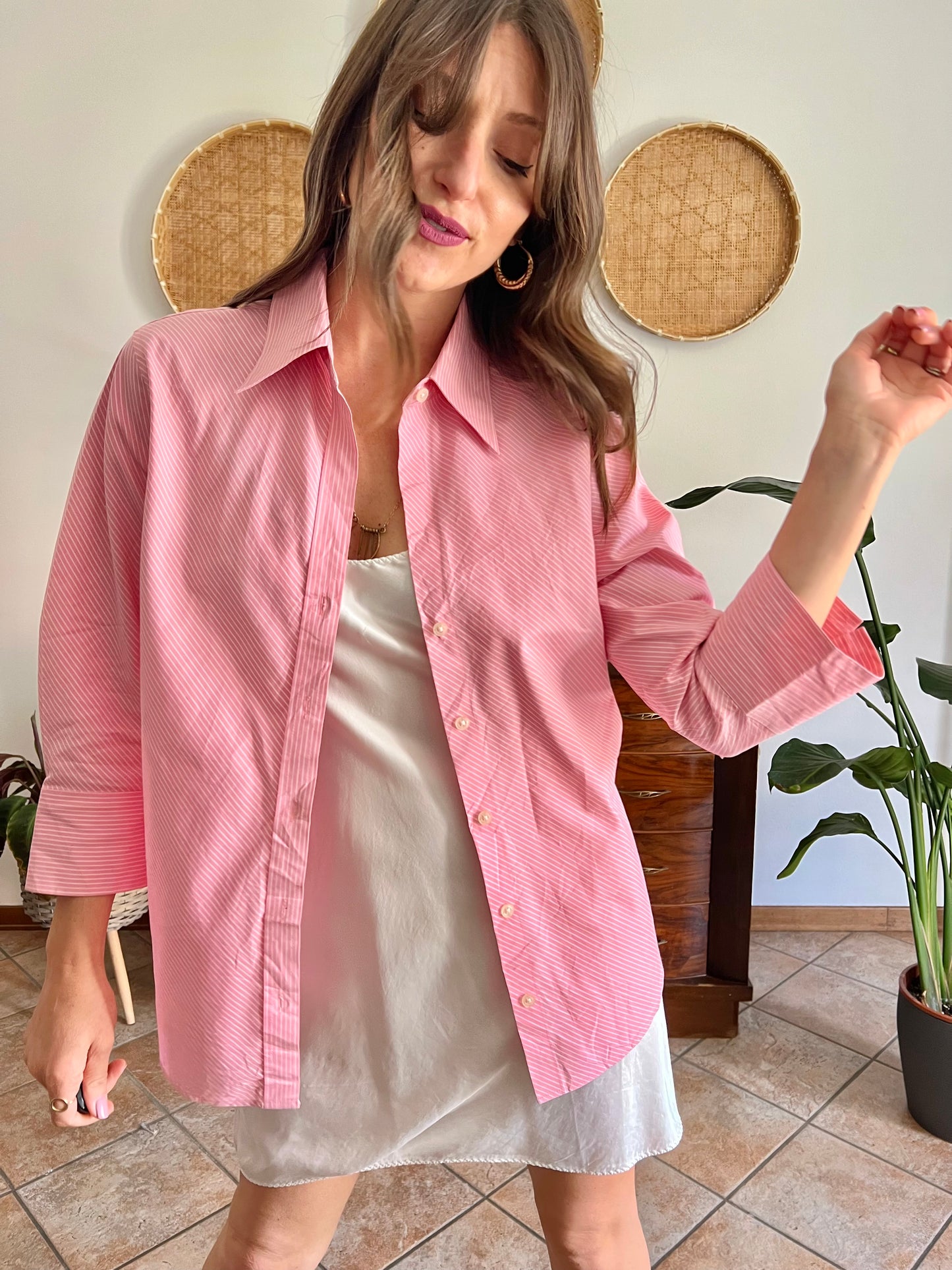 Y2k vintage pink and white diagonal stripe shirt