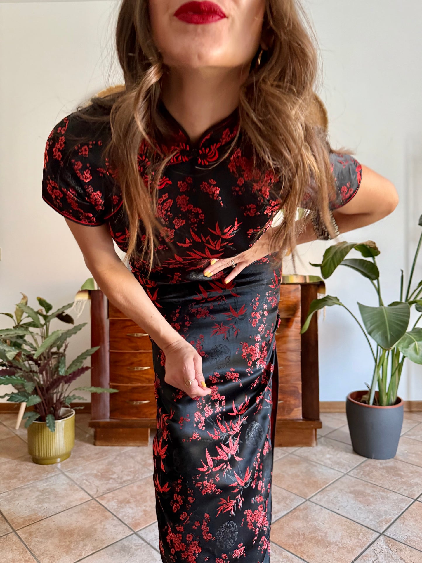 1990's vintage black satin cheongsam maxi dress with red cherry blossom weave
