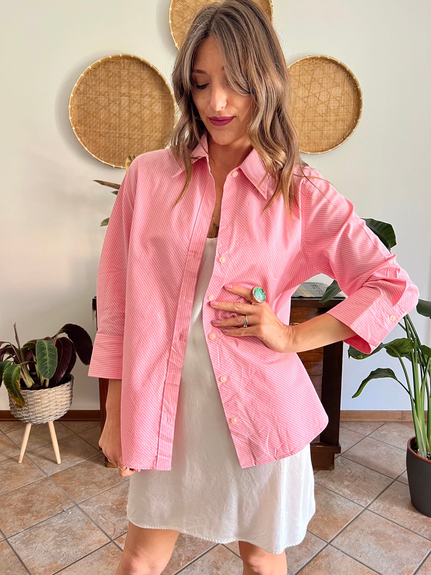 Y2k vintage pink and white diagonal stripe shirt