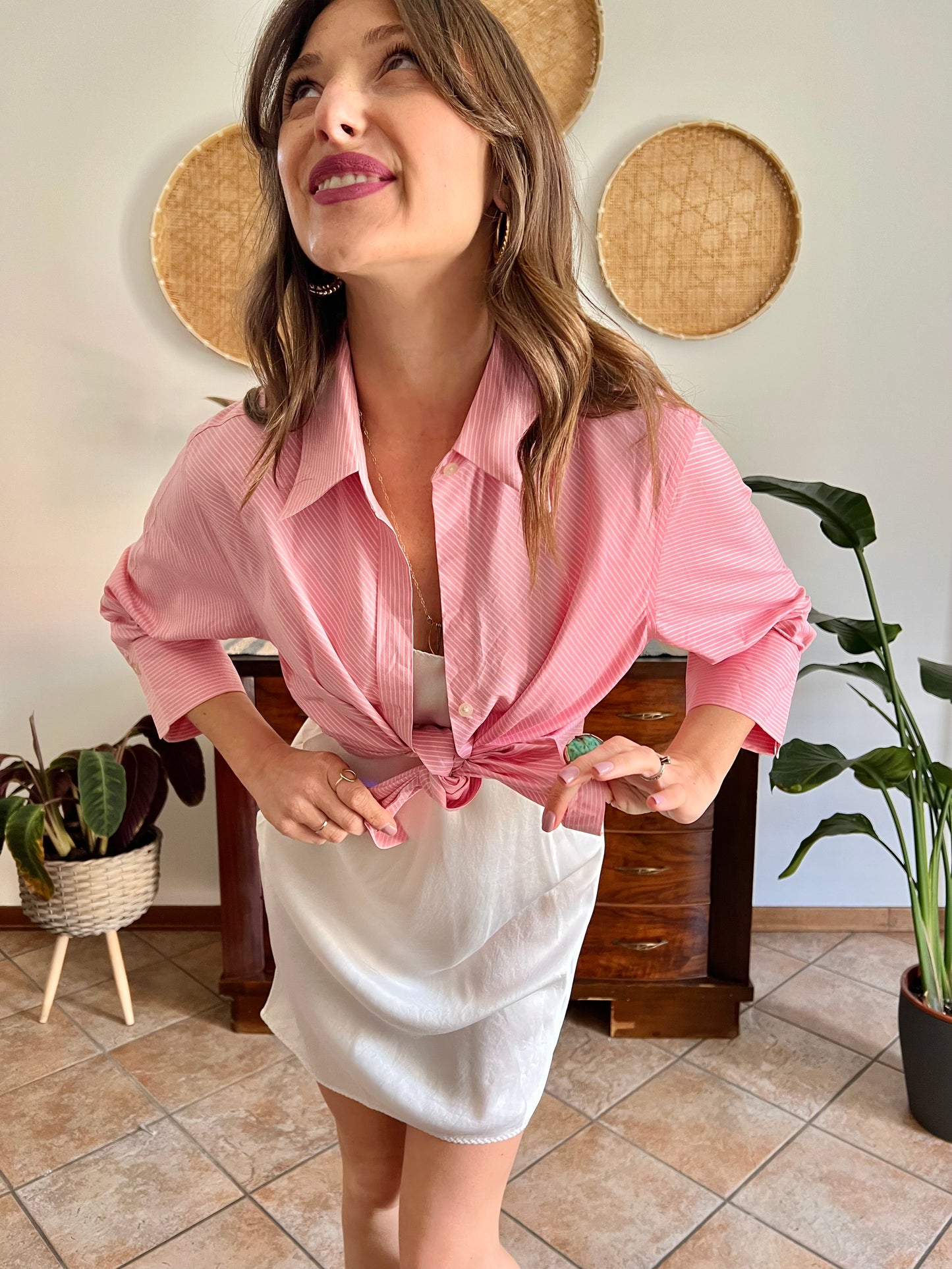 Y2k vintage pink and white diagonal stripe shirt
