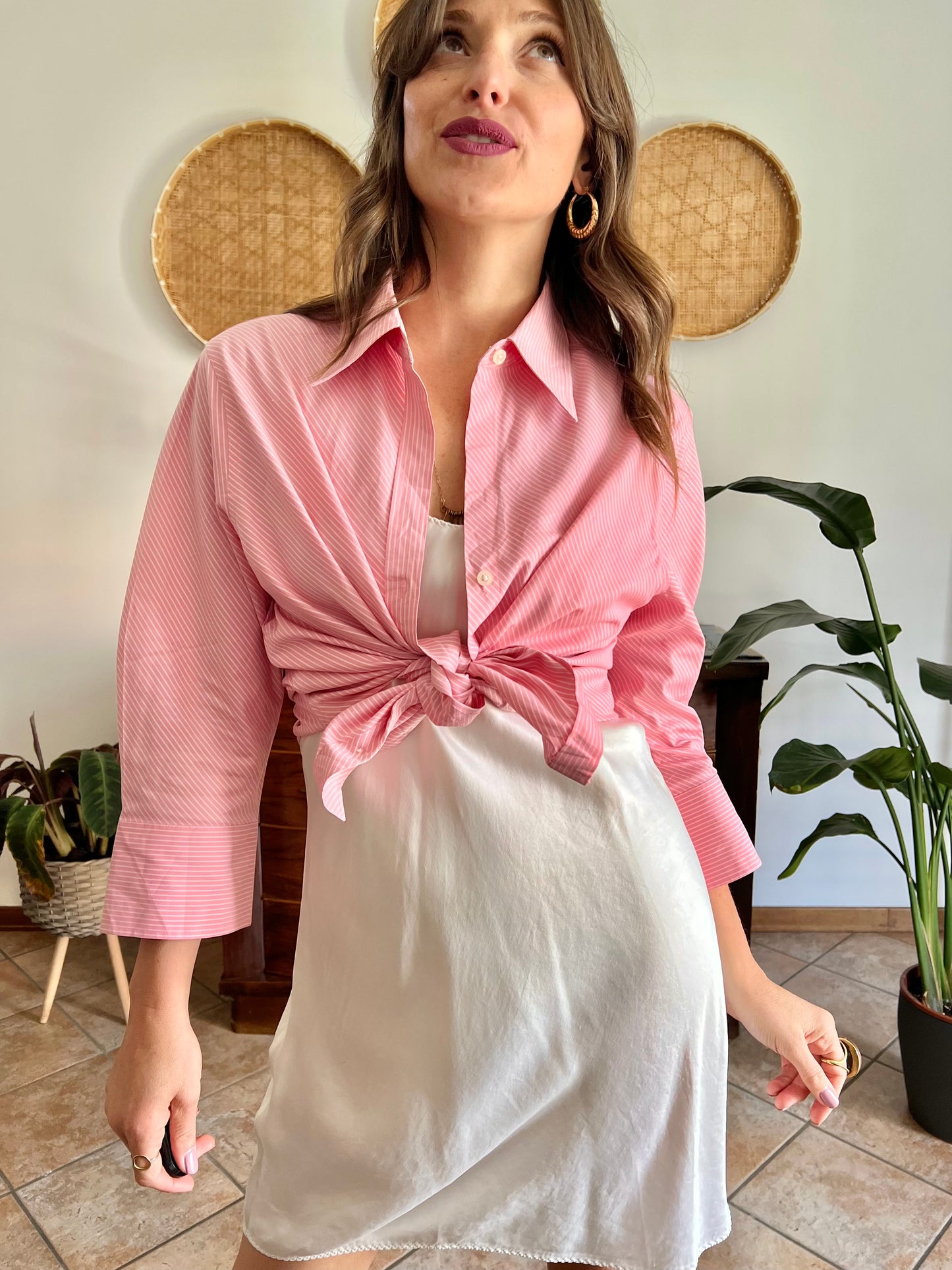 Y2k vintage pink and white diagonal stripe shirt