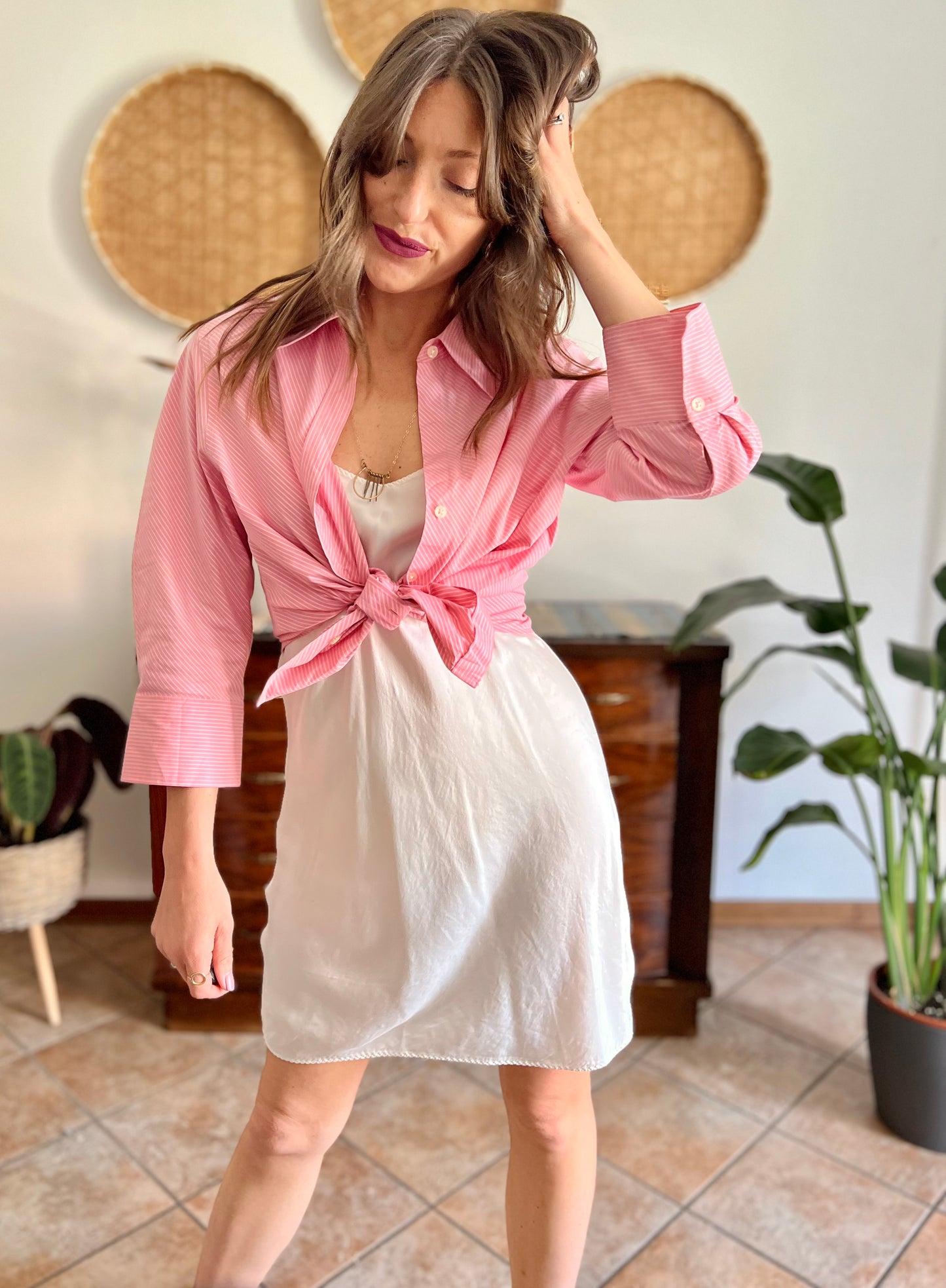Y2k vintage pink and white diagonal stripe shirt