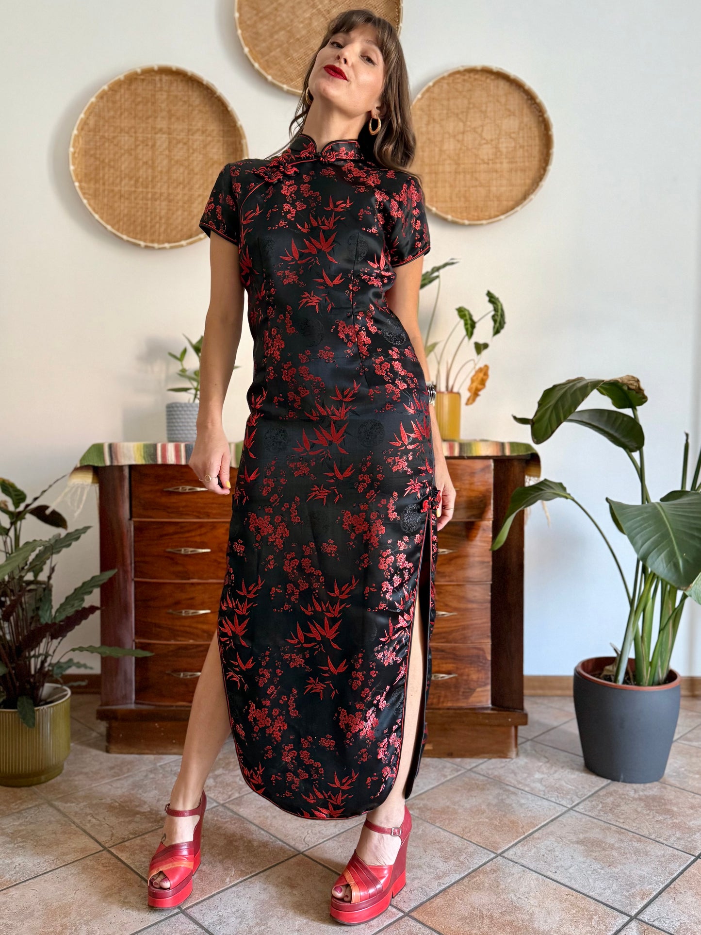 1990's vintage black satin cheongsam maxi dress with red cherry blossom weave