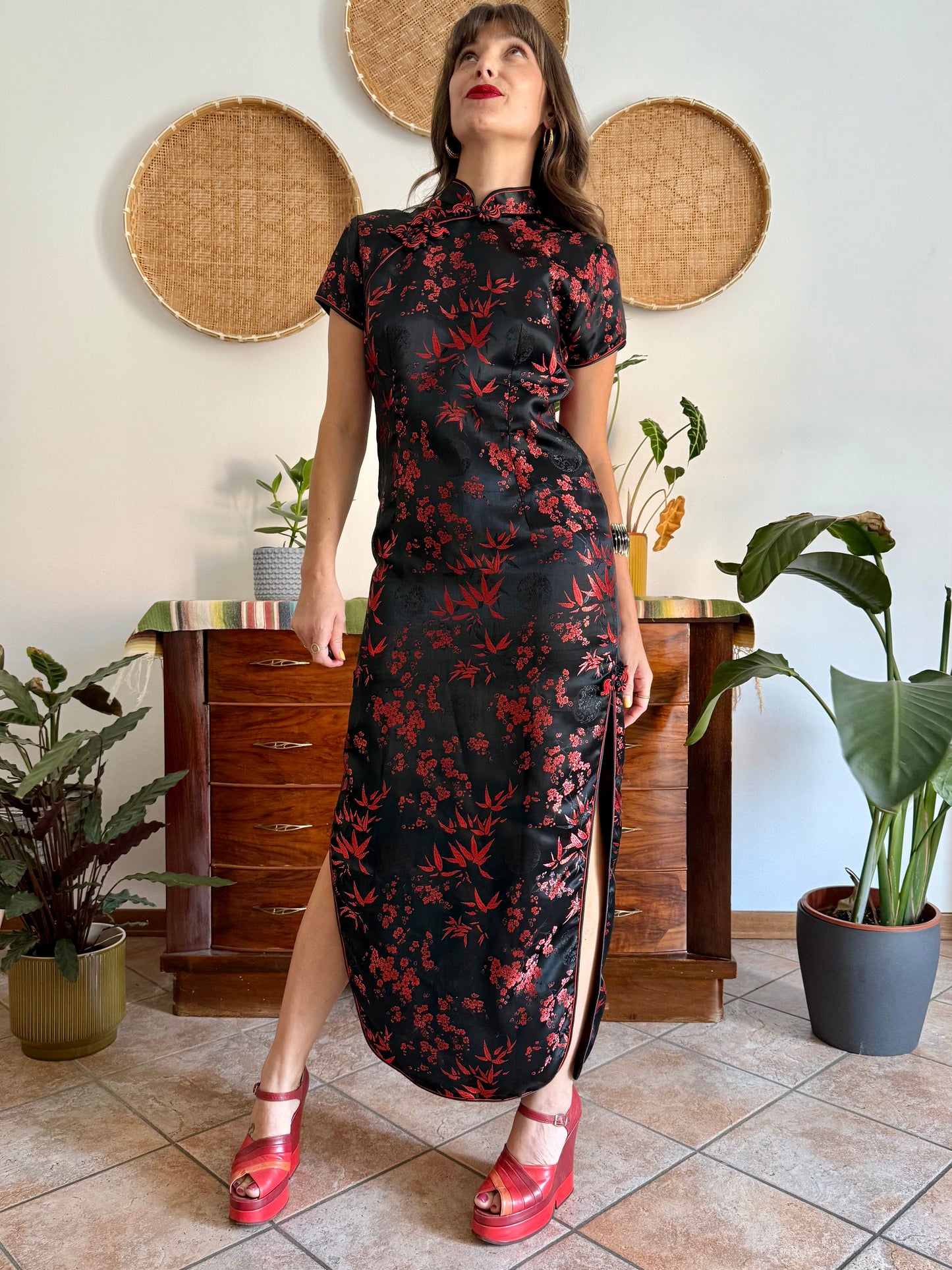 1990's vintage black satin cheongsam maxi dress with red cherry blossom weave