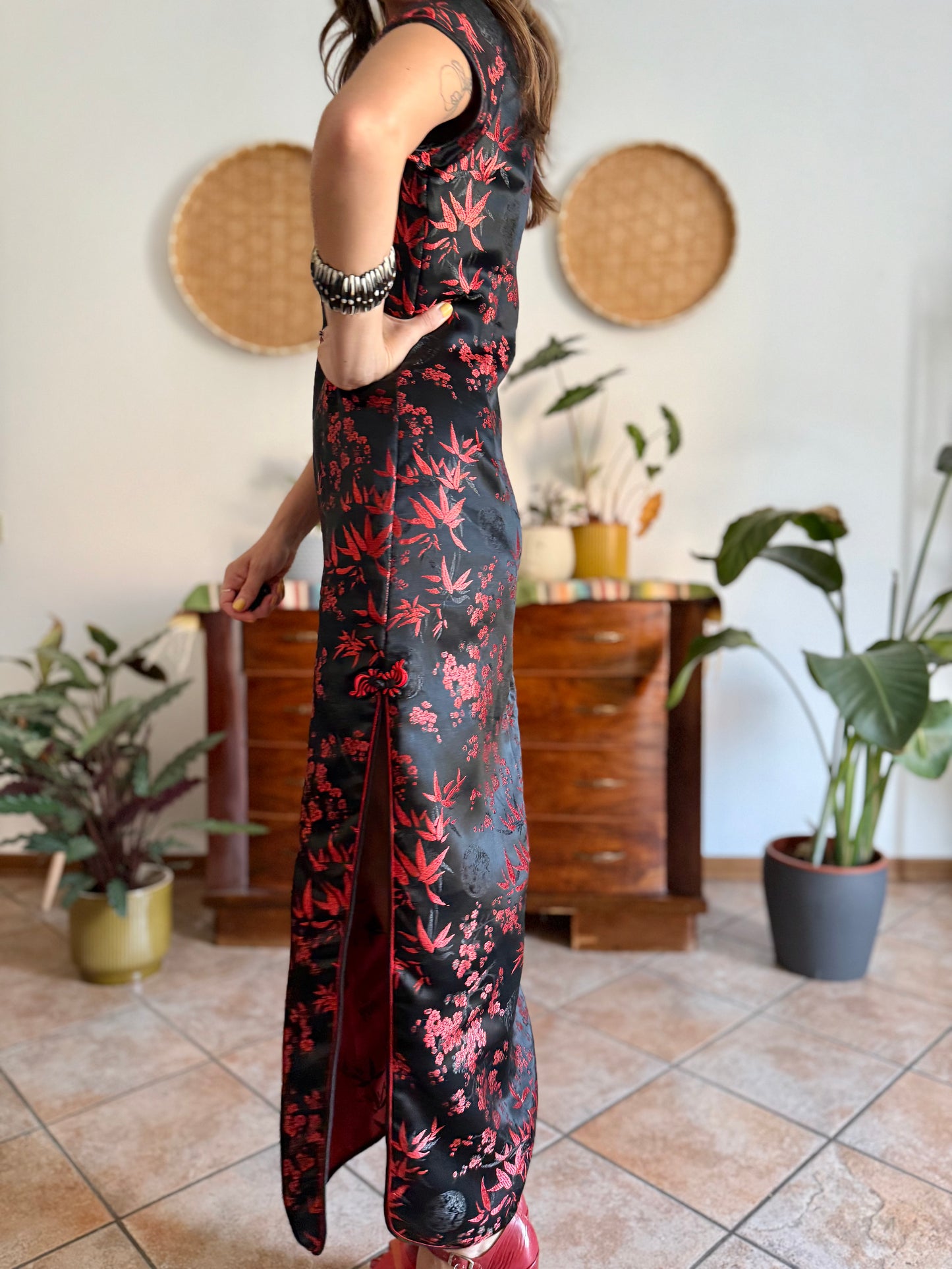 1990's vintage black satin cheongsam maxi dress with red cherry blossom weave