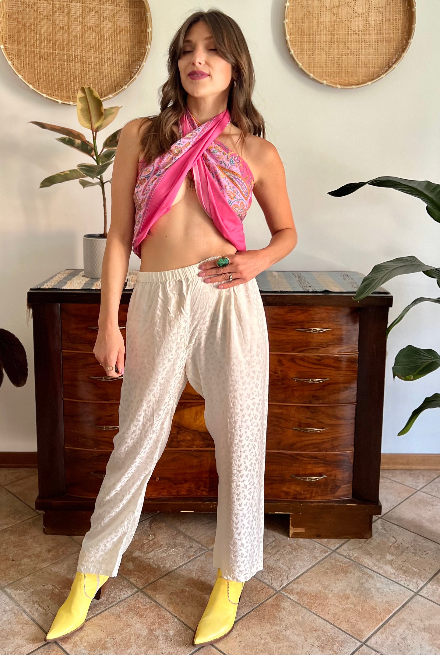 1970's vintage cream abstract animal print silk pants