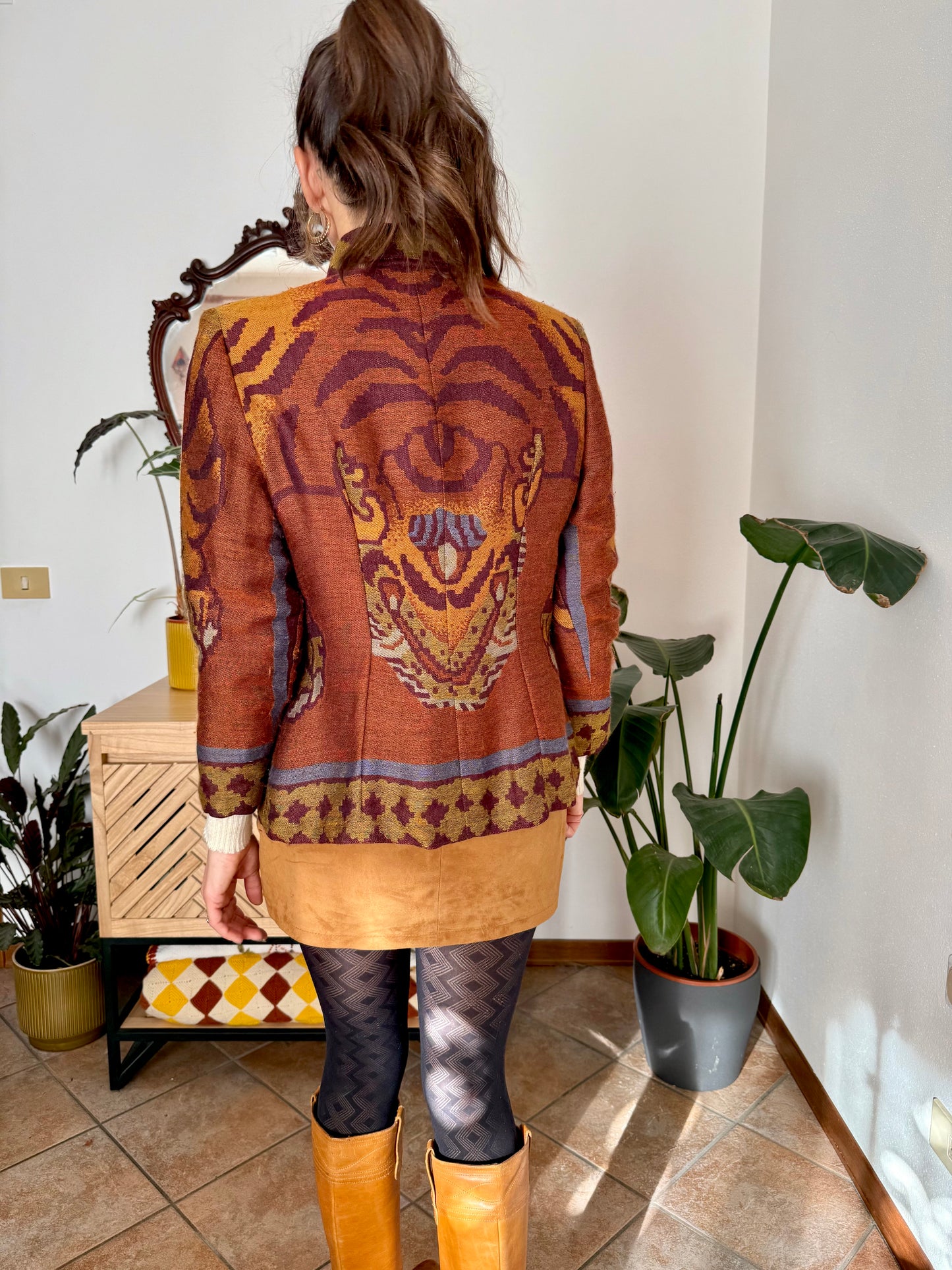 1970's vintage burgundy and mustard yellow woven wool floral shirt