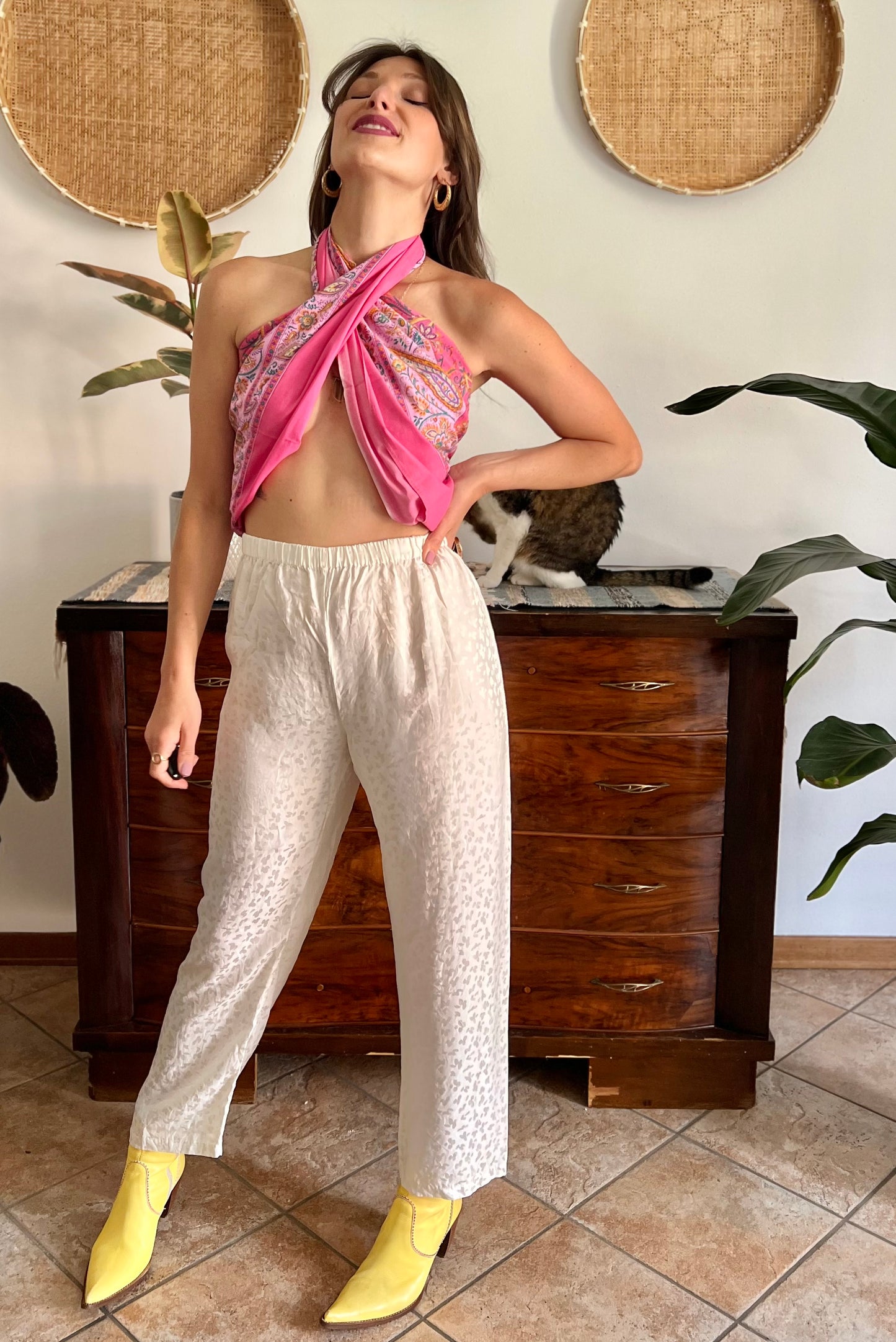 1970's vintage cream abstract animal print silk pants