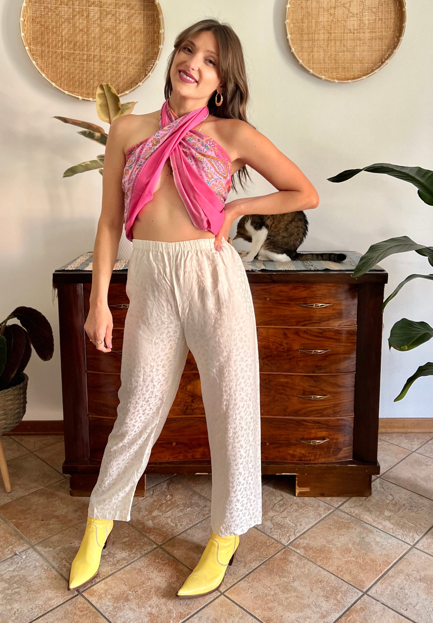 1970's vintage cream abstract animal print silk pants
